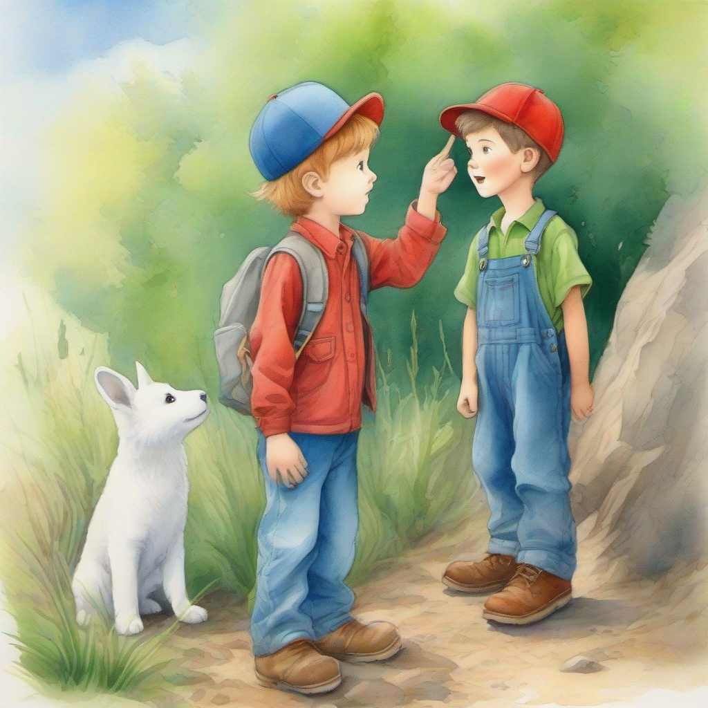 Timmy: Curious boy with red cap and blue overalls and Alex: Adventurous boy with green hat and brown boots try to help the ghost find its home