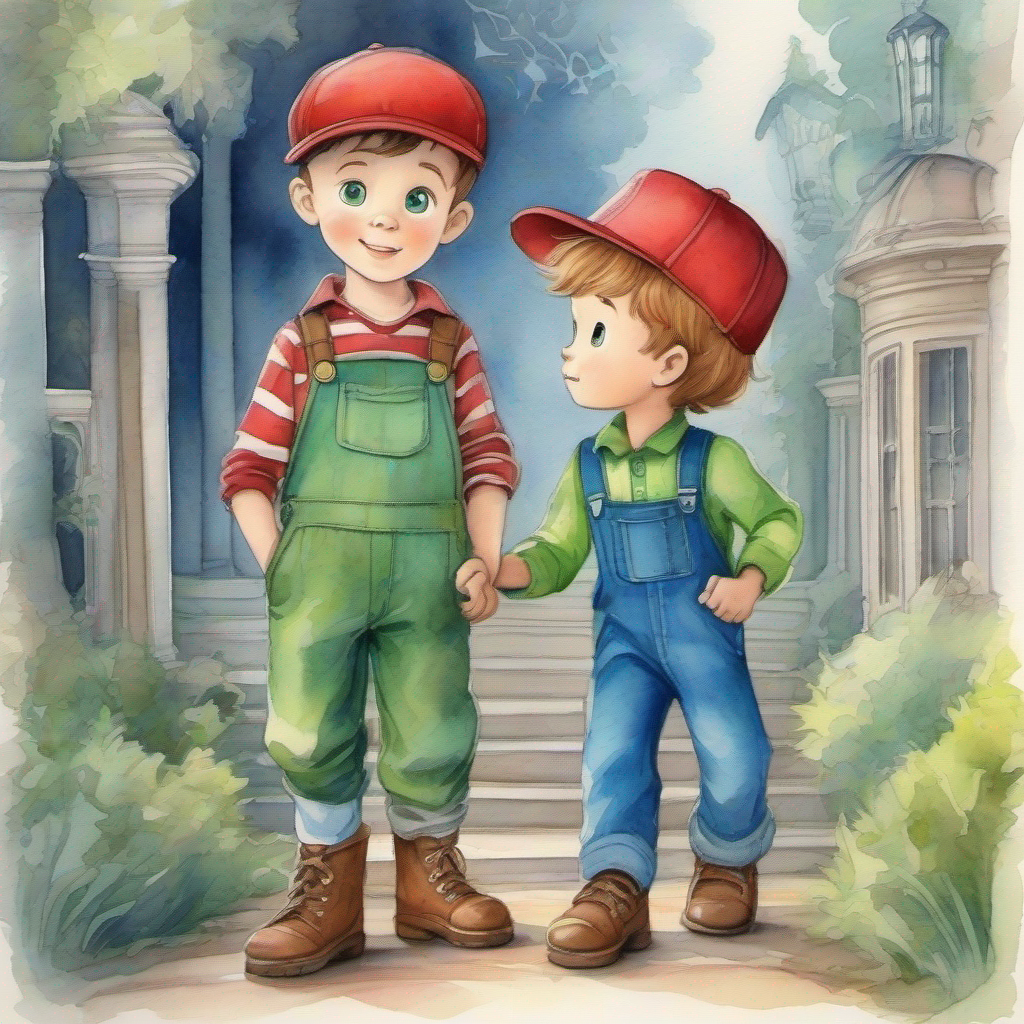 Timmy: Curious boy with red cap and blue overalls and Alex: Adventurous boy with green hat and brown boots find the haunted mansion and help the ghost