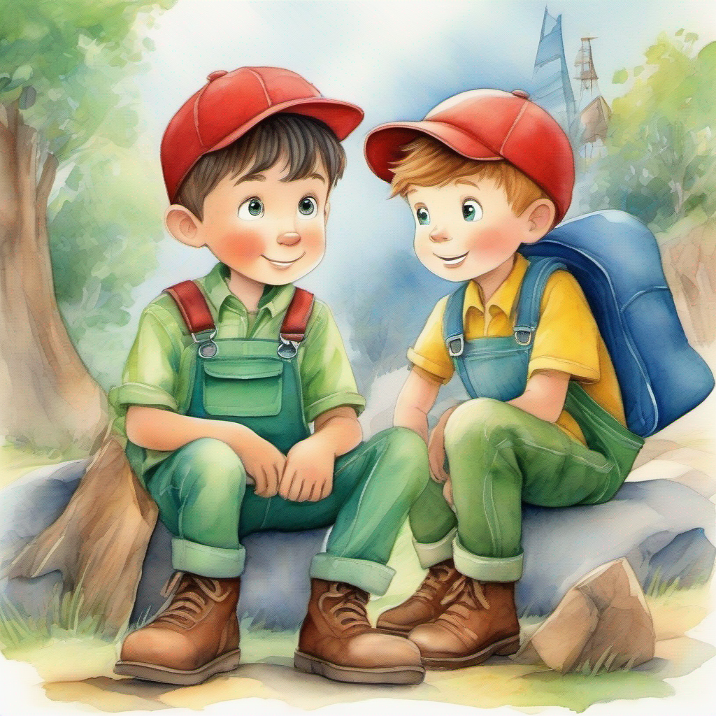 Timmy: Curious boy with red cap and blue overalls and Alex: Adventurous boy with green hat and brown boots learn a lesson about bravery and problem-solving