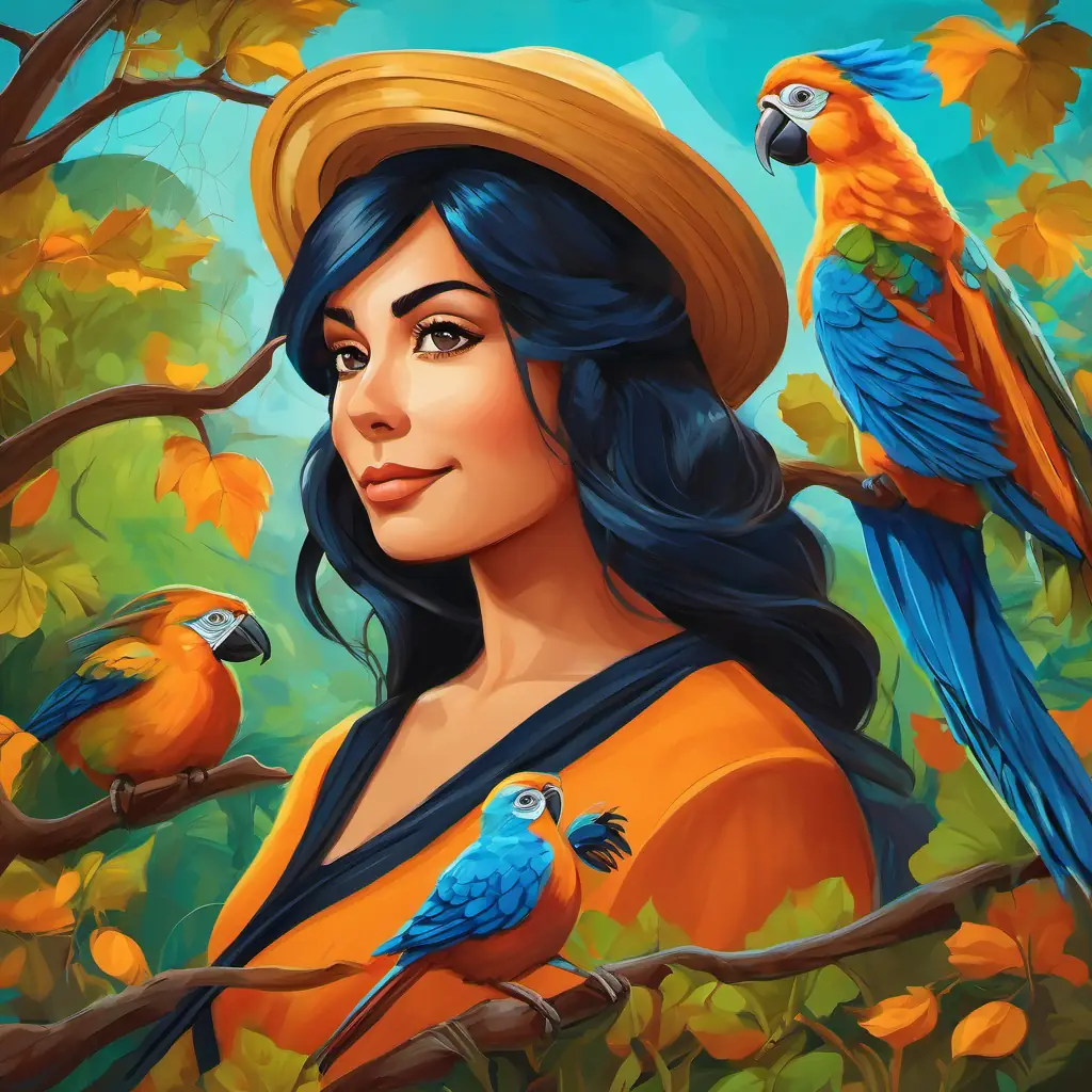 En la librería 'El Guacamayo Azul', Amable mujer con cabello castaño y ojos verdes Amante de los animales encontró al bebé Guacamayo azul y lo llamó Bebé guacamayo de color azul con grandes ojos negros.