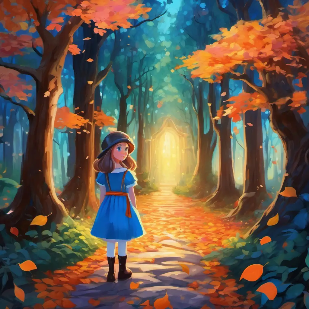 A young girl with rosy cheeks and bright blue eyes standing at the edge of the Enchanted Forest, surrounded by tall, ancient trees with colorful leaves.