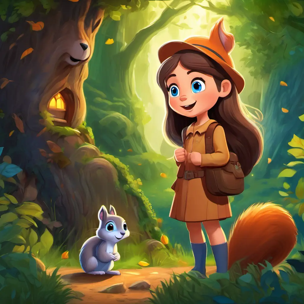 A young girl with rosy cheeks and bright blue eyes and A talking squirrel with shiny brown fur and sparkling blue eyes standing near a tree stump, with a sparkly cave entrance hiding behind lush green bushes.