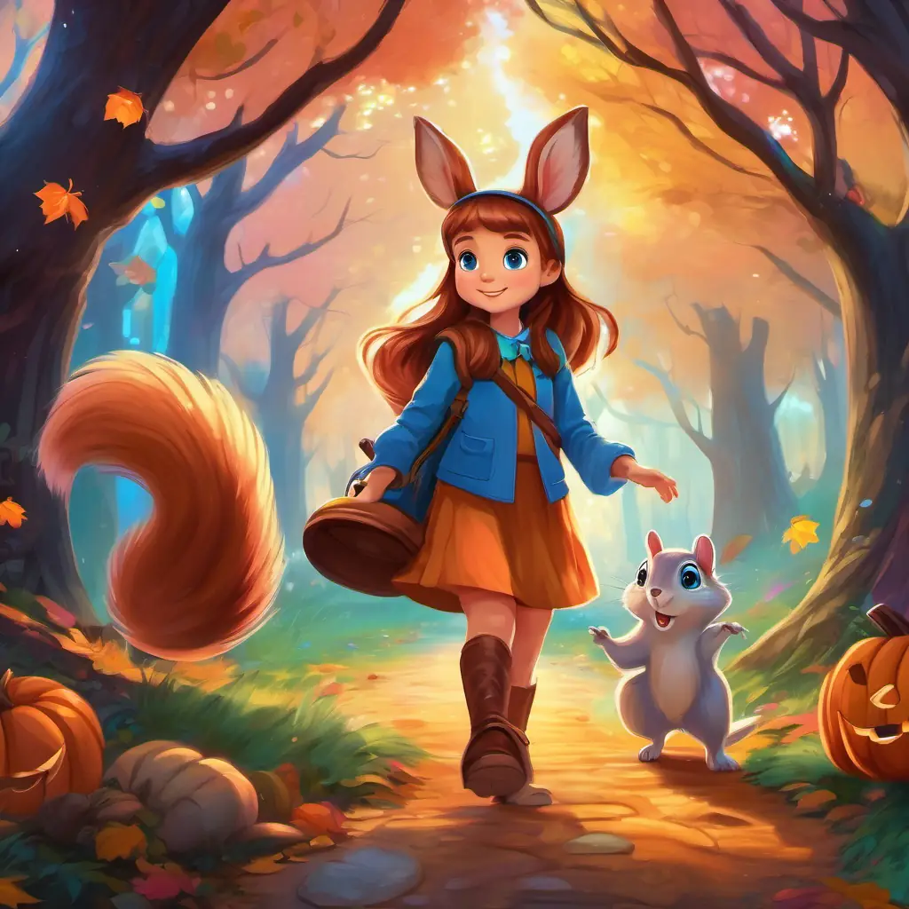 A young girl with rosy cheeks and bright blue eyes, A talking squirrel with shiny brown fur and sparkling blue eyes, fairies, unicorns, and wizards walking hand-in-hand through a colorful and vibrant forest.