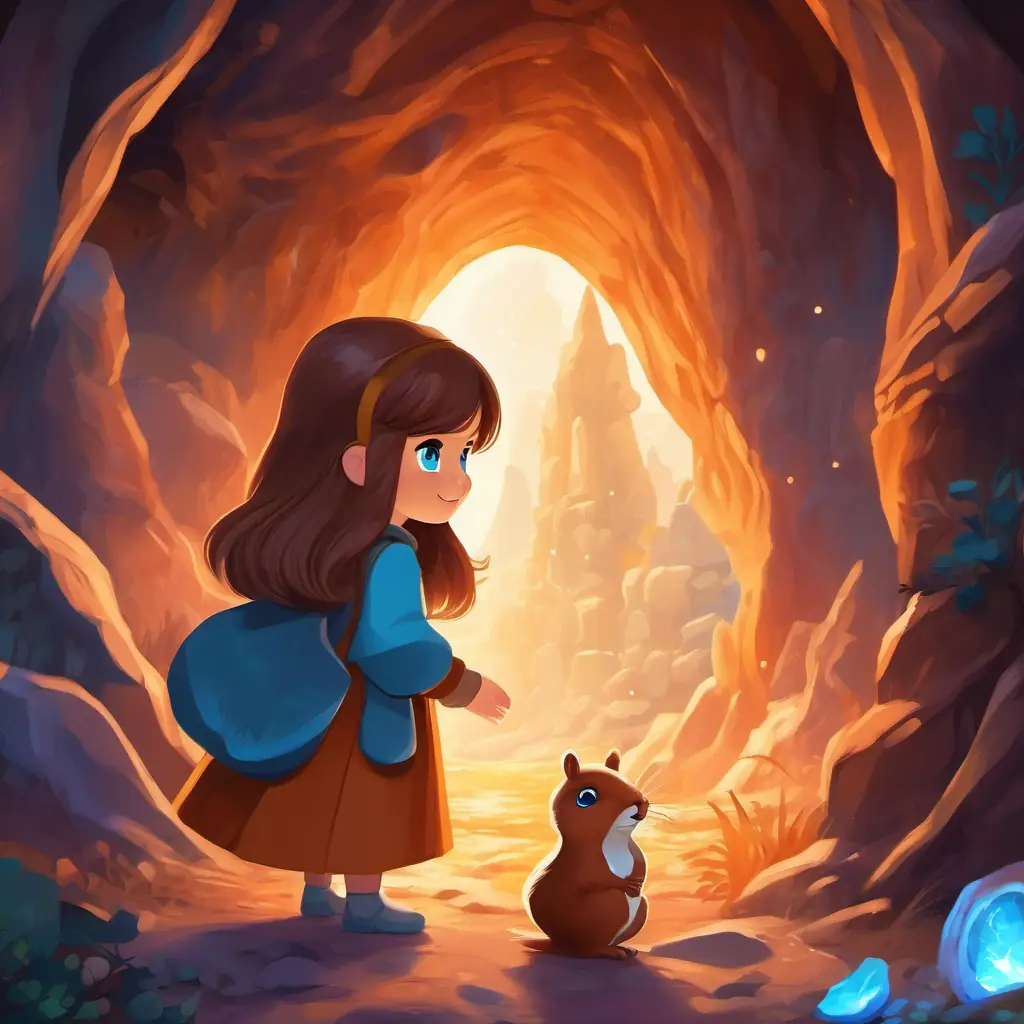 A young girl with rosy cheeks and bright blue eyes and A talking squirrel with shiny brown fur and sparkling blue eyes standing in front of the radiant gemstone inside the mystical cave.