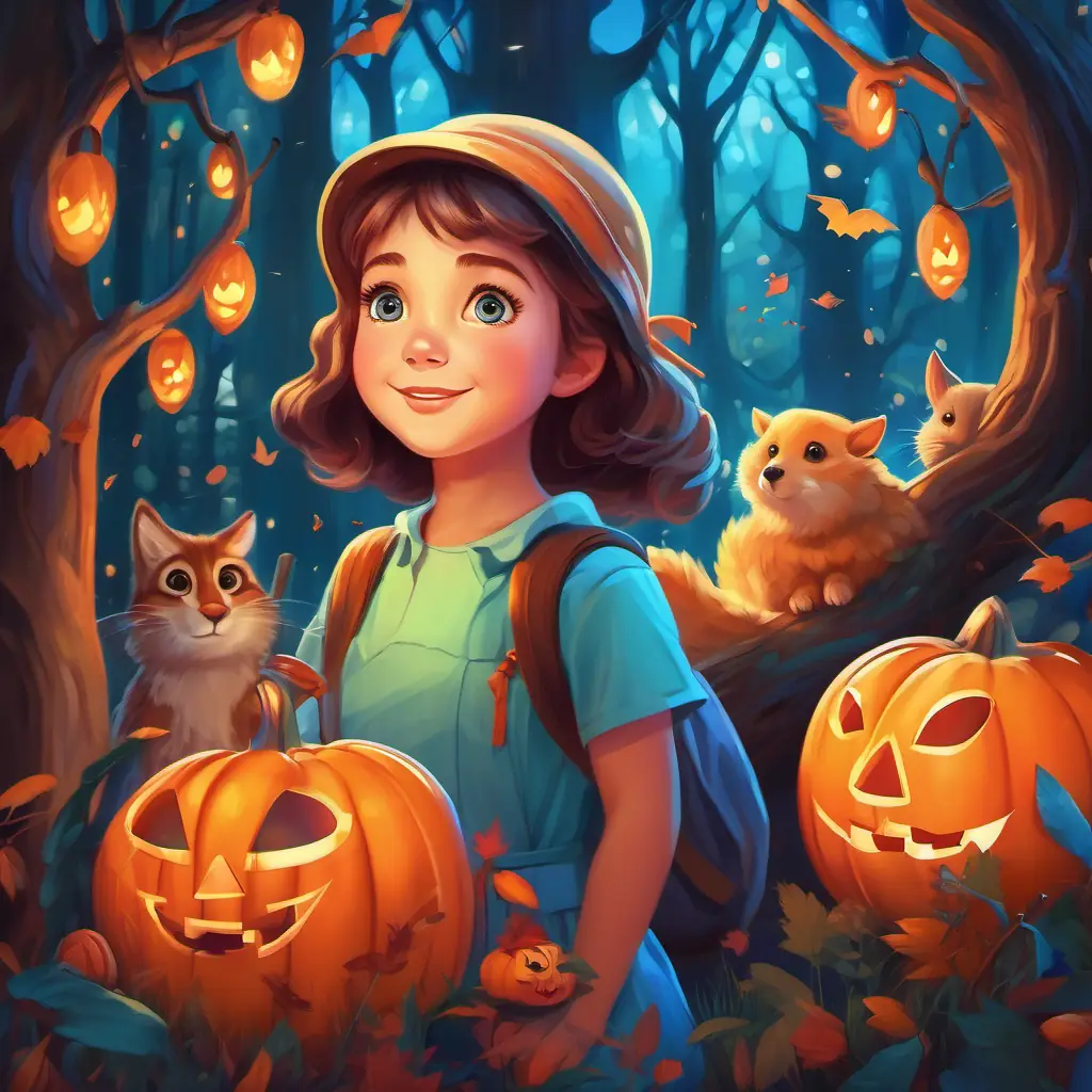 A young girl with rosy cheeks and bright blue eyes surrounded by the glowing forest, with happy trees and animals celebrating around her.