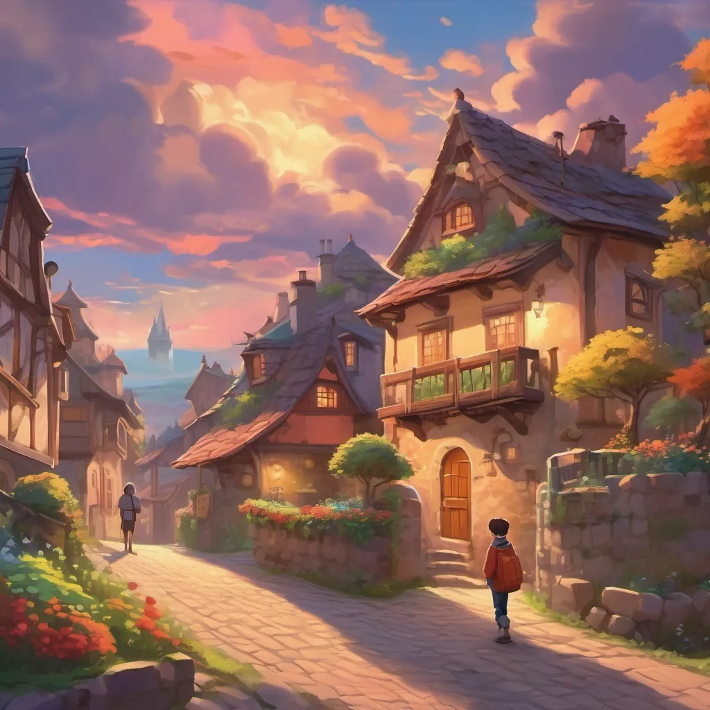 A quaint village setting with colorful skies and a boy looking at the sky, dreaming.