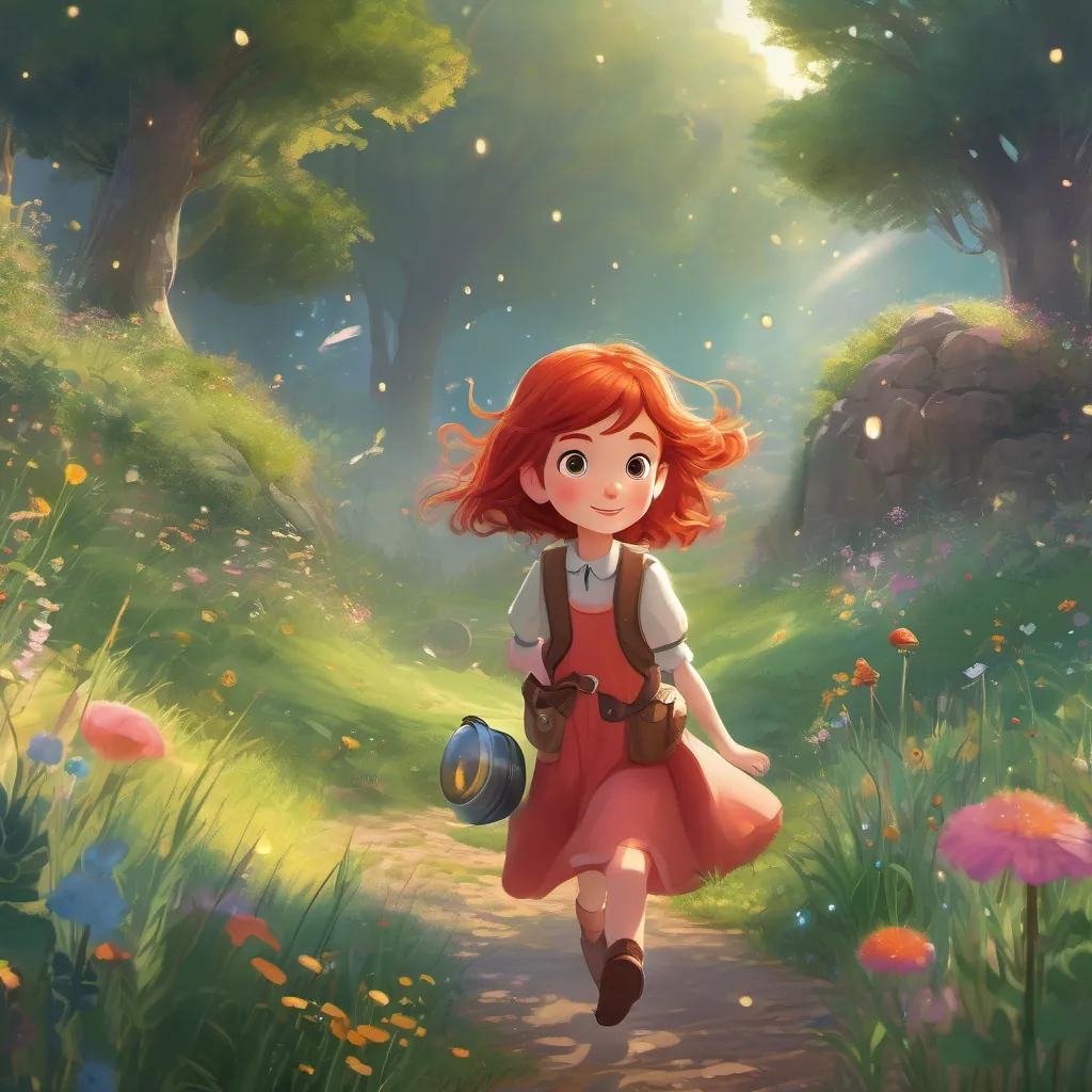 A clever and adventurous young girl with shiny red hair and bright eyes, full of curiosity and wonder with an adventurous expression, roaming a whimsical meadow with a hint of morning mist and magical sparkles.