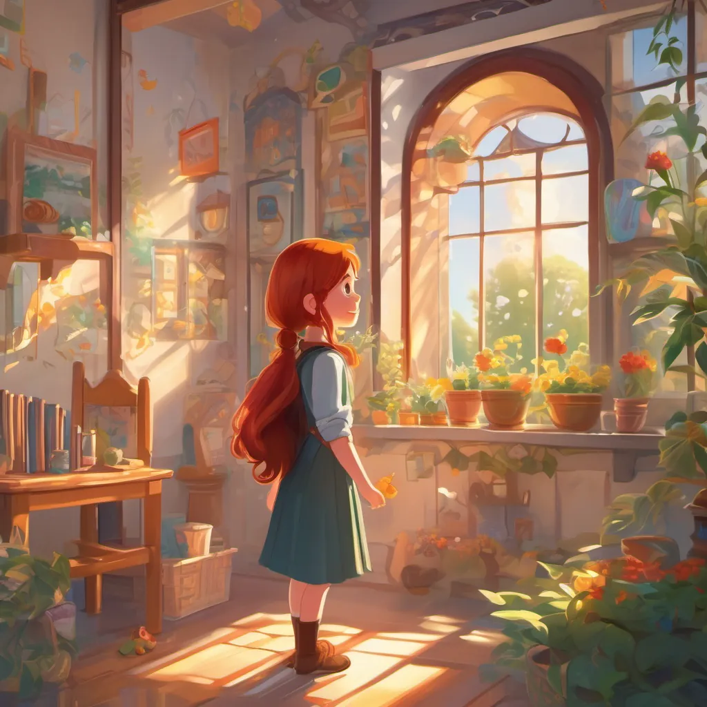 A clever and adventurous young girl with shiny red hair and bright eyes, full of curiosity and wonder standing at a window with the warm morning sun streaming in, smiling softly, surrounded by symbols of love and family.