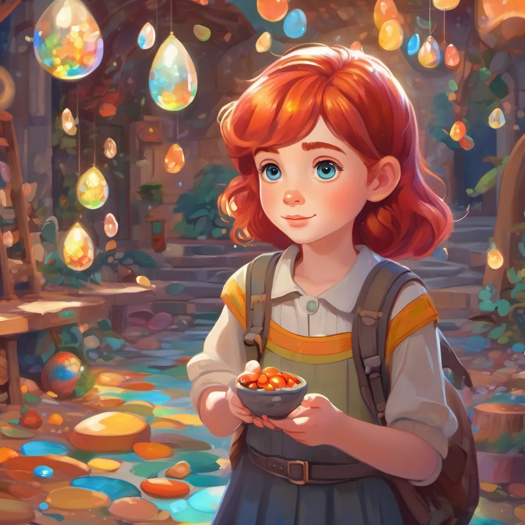 A clever and adventurous young girl with shiny red hair and bright eyes, full of curiosity and wonder finding a small shiny pebble and holding it dearly, surrounded by whimsical, colorful elements, symbolizing endless possibilities.