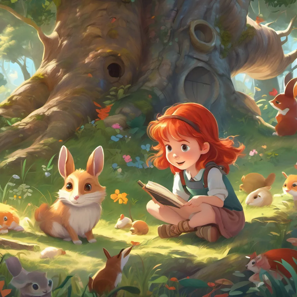 A small treasure box hidden under a tree, with A clever and adventurous young girl with shiny red hair and bright eyes, full of curiosity and wonder tapping it gently, surrounded by little whimsical woodland creatures watching curiously.