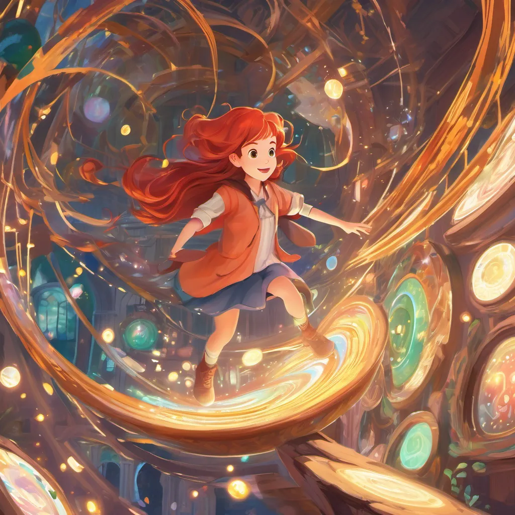 A magical time portal swirling with colors, with A clever and adventurous young girl with shiny red hair and bright eyes, full of curiosity and wonder being gently pulled in, looking amazed and surprised.