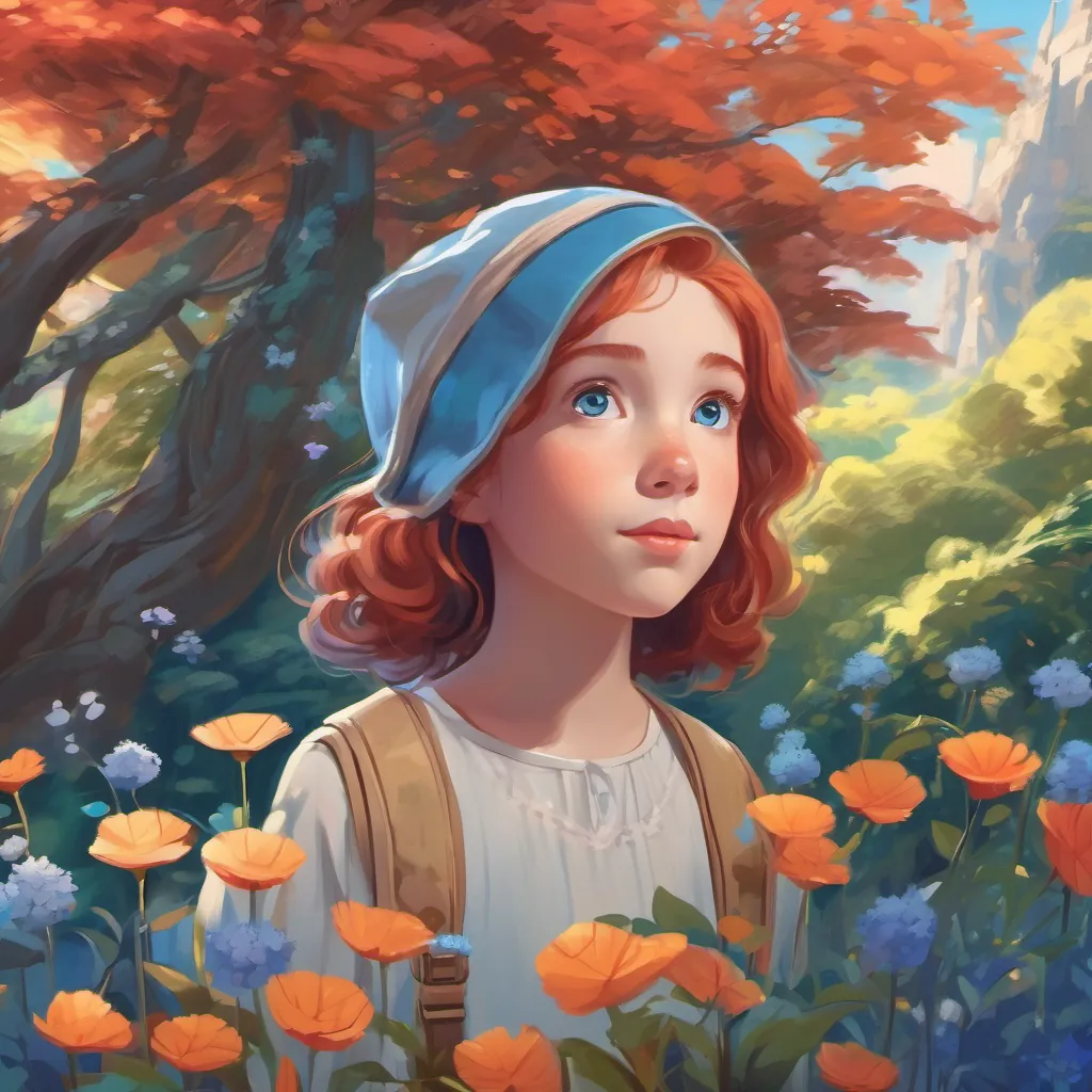 A dreamlike landscape filled with blue-tinted flora and trees; A clever and adventurous young girl with shiny red hair and bright eyes, full of curiosity and wonder looking around with awe and wonder.