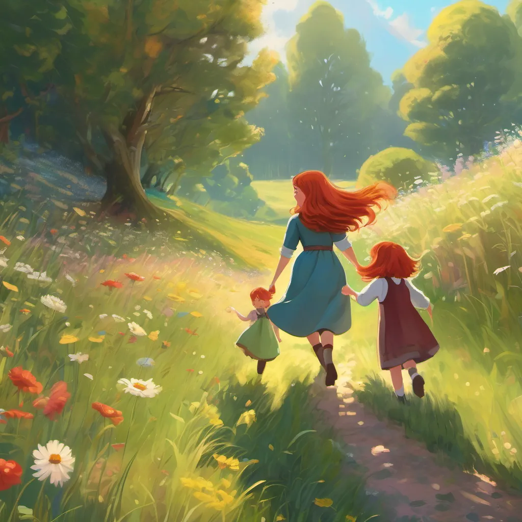 A clever and adventurous young girl with shiny red hair and bright eyes, full of curiosity and wonder and the young version of her mother playing joyfully in an enchanting meadow, holding hands and laughing.