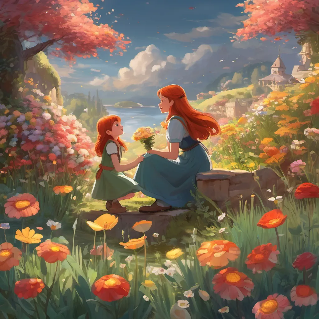 A clever and adventurous young girl with shiny red hair and bright eyes, full of curiosity and wonder and her young mother picking fantastical flowers, each with unique and imaginative scents, sharing a special moment.