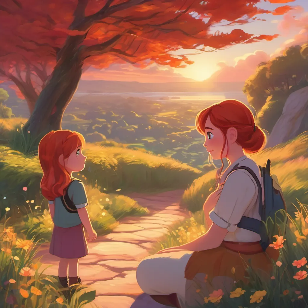 A beautiful sunset spreading warm colors across the sky as A clever and adventurous young girl with shiny red hair and bright eyes, full of curiosity and wonder listens to her young mother's comforting words.