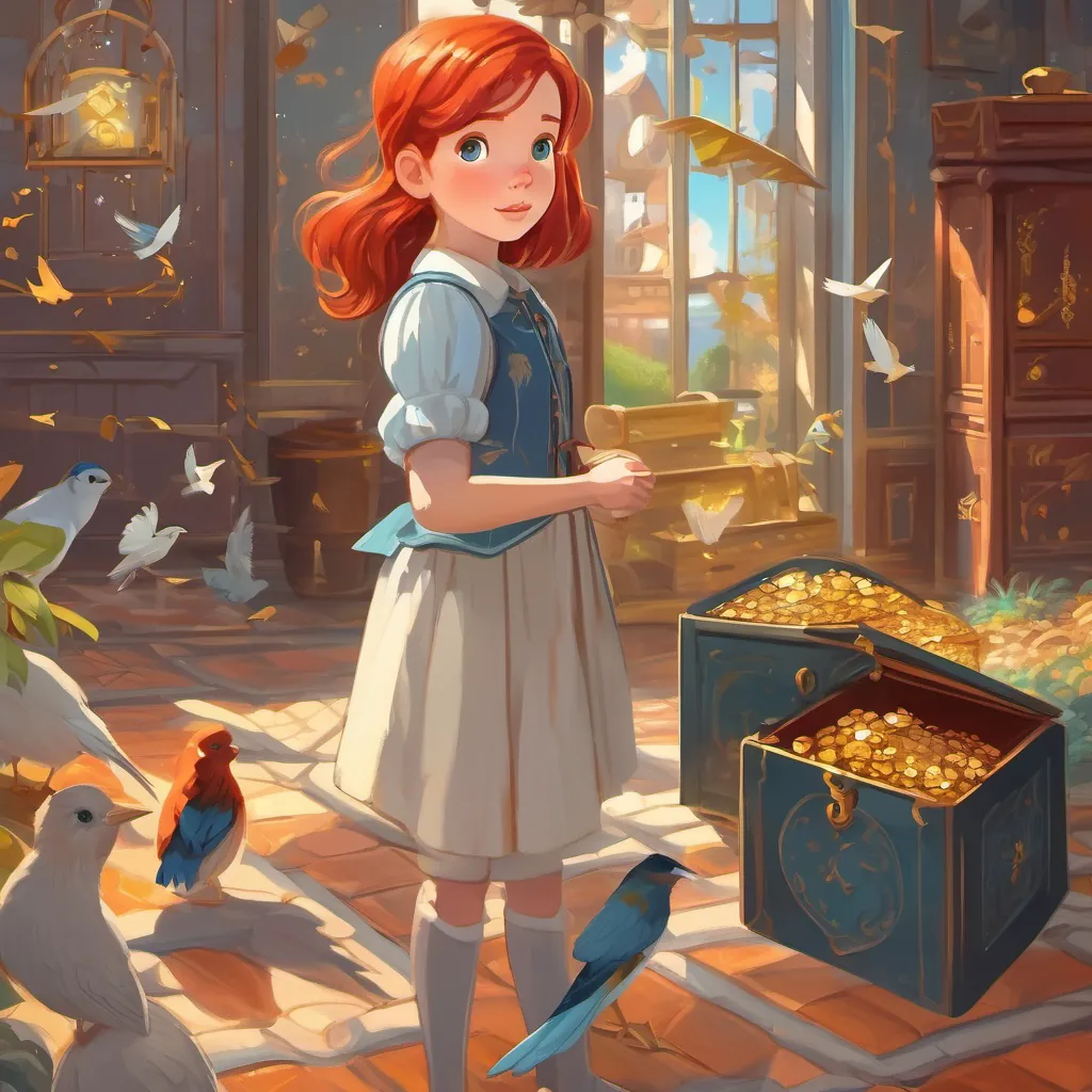 A clever and adventurous young girl with shiny red hair and bright eyes, full of curiosity and wonder standing back in her own time, the treasure box vanished but her expression is content and enlightened, with birds chirping around her.