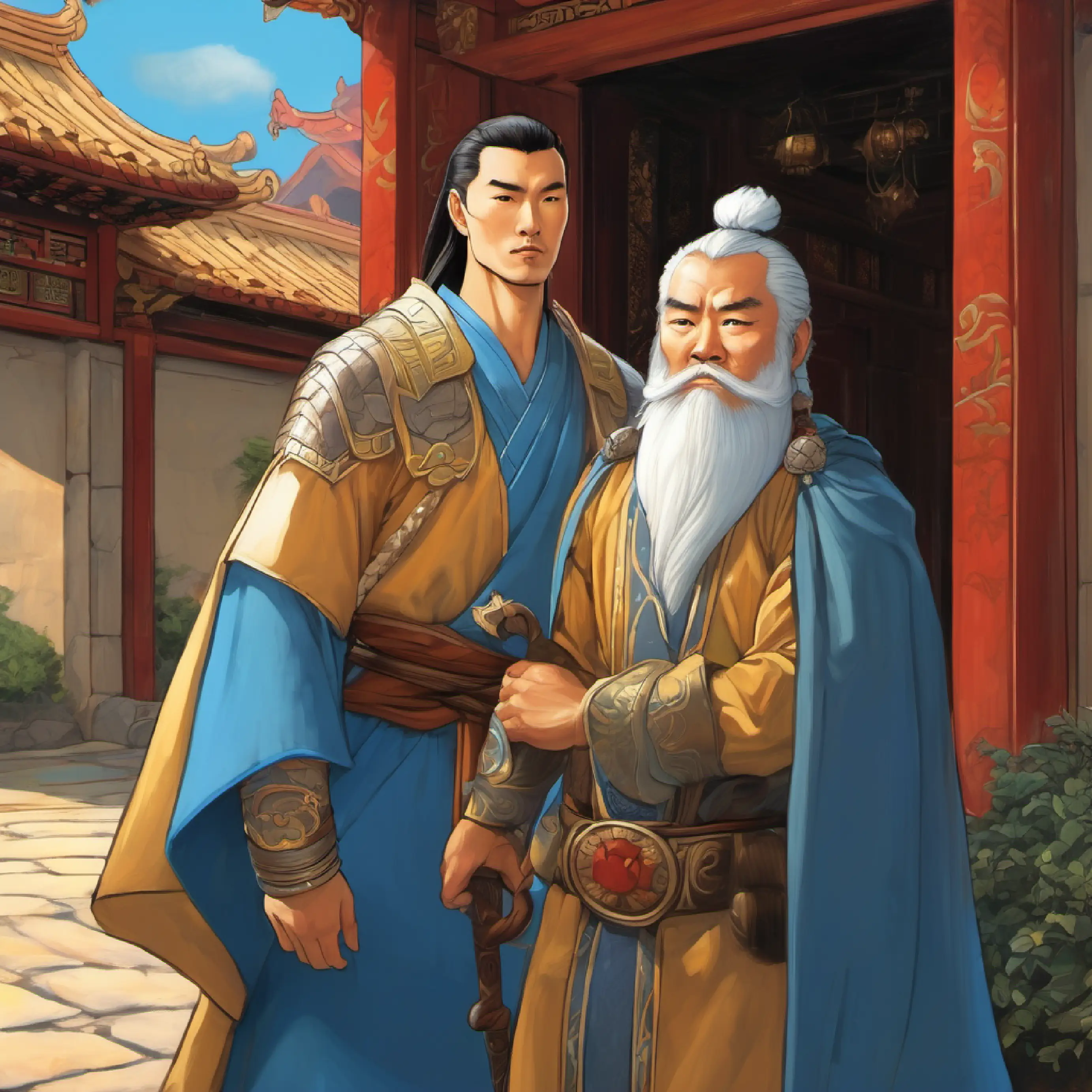 avarian a 30 year old chinese warrior, tan skin, piercing blue eyes, setting of Anthosa, showing 30 year old Avarian standing outside of his weak 70 year old king his father cell hugging his father after rescuing him from prison you can see the prison cess door in the background
