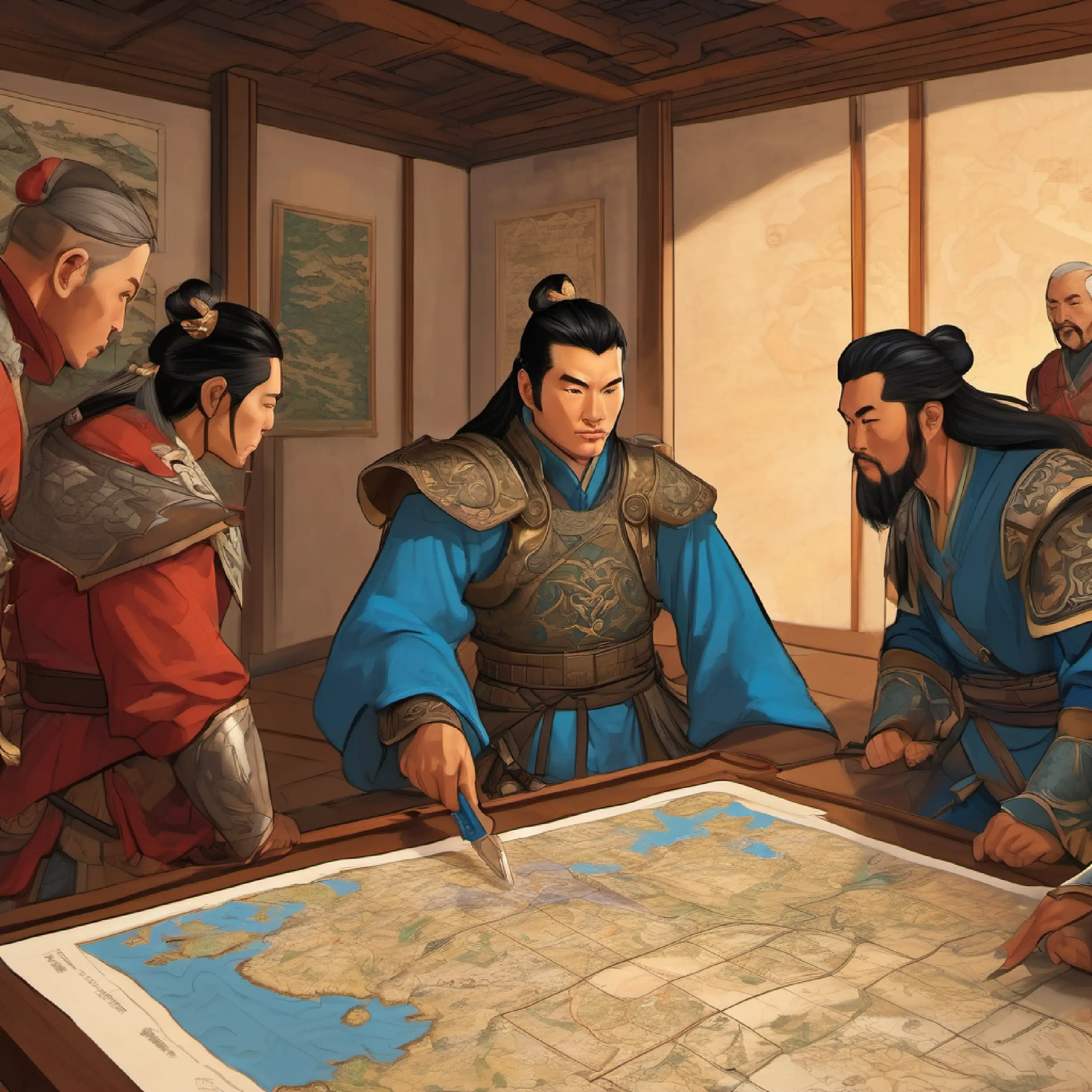 avarian 30 year old chinese warrior, tan skin, piercing blue eyes, in a room a few miles outside of Anthosa, pictured in a room discussing battle plans with 5 of his highly trusted men looking over a map of  anthosa scheming