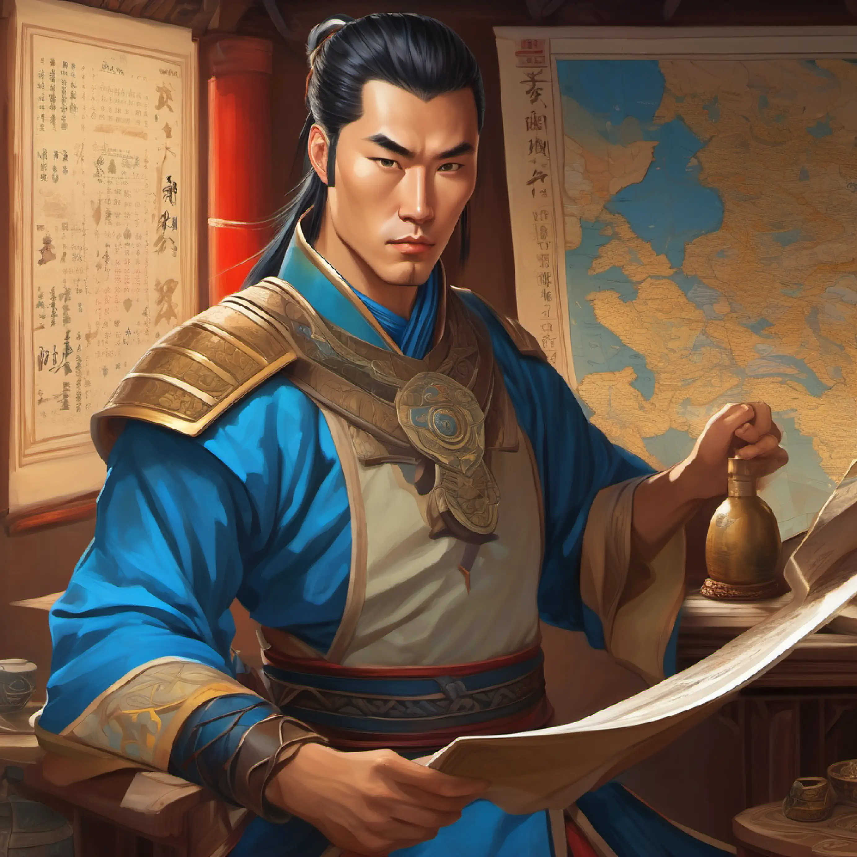 avarian 30 year old chinese warrior, tan skin, piercing blue eyes, in a room a few miles outside of Anthosa, with 5 of his highly trusted men looking over a map of  anthosa scheming