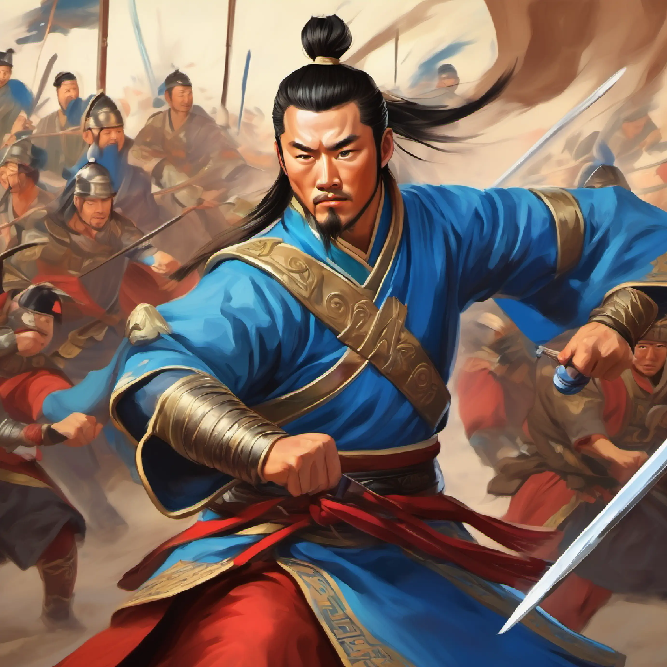 Introducing 30 year old chinese warrior tan skin, piercing blue eyes, setting of Anthosa, 100 chinese warrior fighting in a war battling for anthosatle