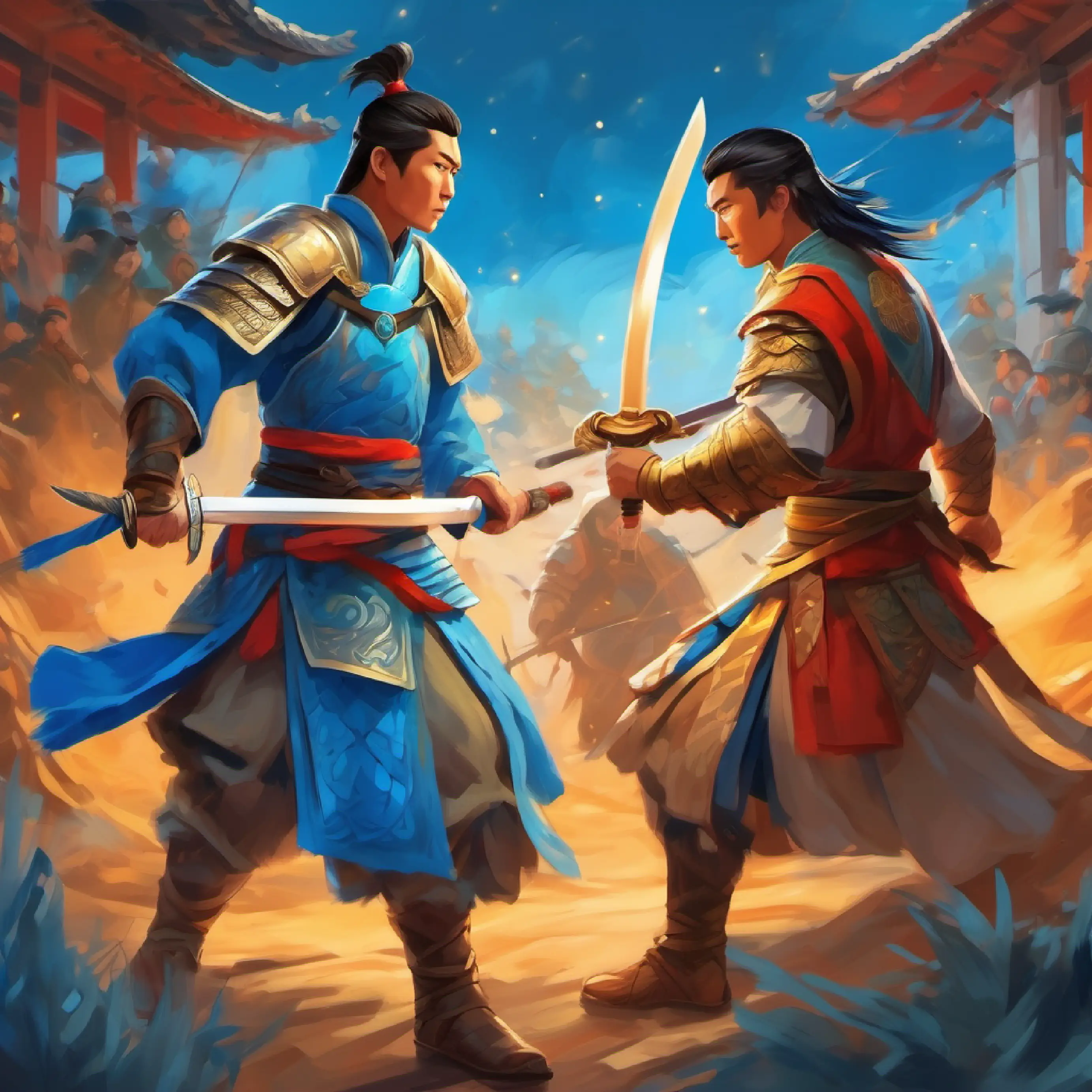 Introducing Brave 30 year old chinese warrior, tan skin, piercing blue eyes, setting of Anthosa, show Avarian and his brother in a sword fighting each other in battle to the death hint of the conflict