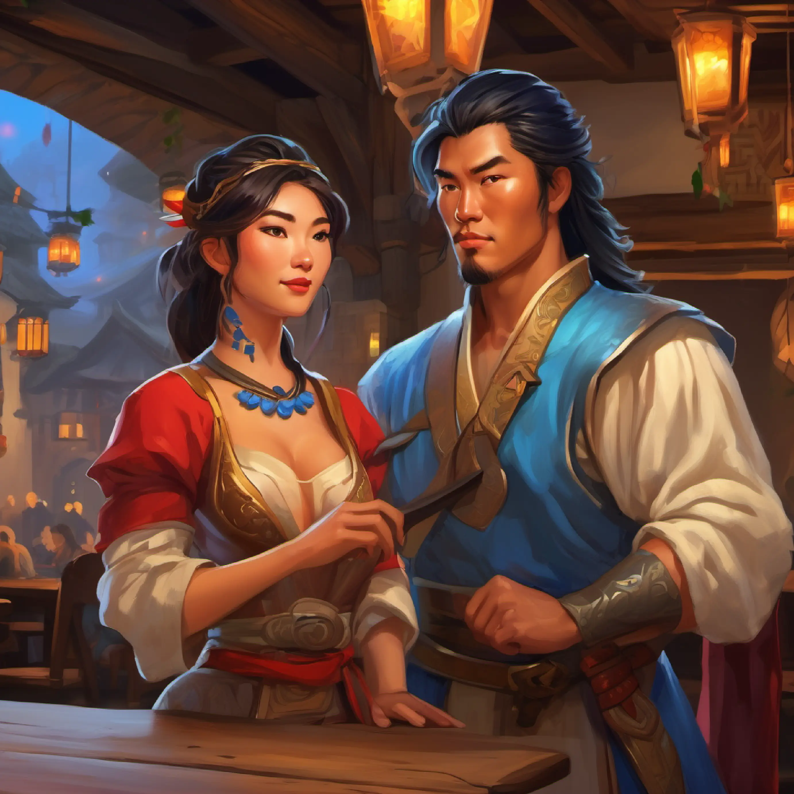 Introducing Brave 30 year old chinese warrior, tan skin, piercing blue eyes, setting of Anthosa, meets a beautiful maiden name elena in a tavern