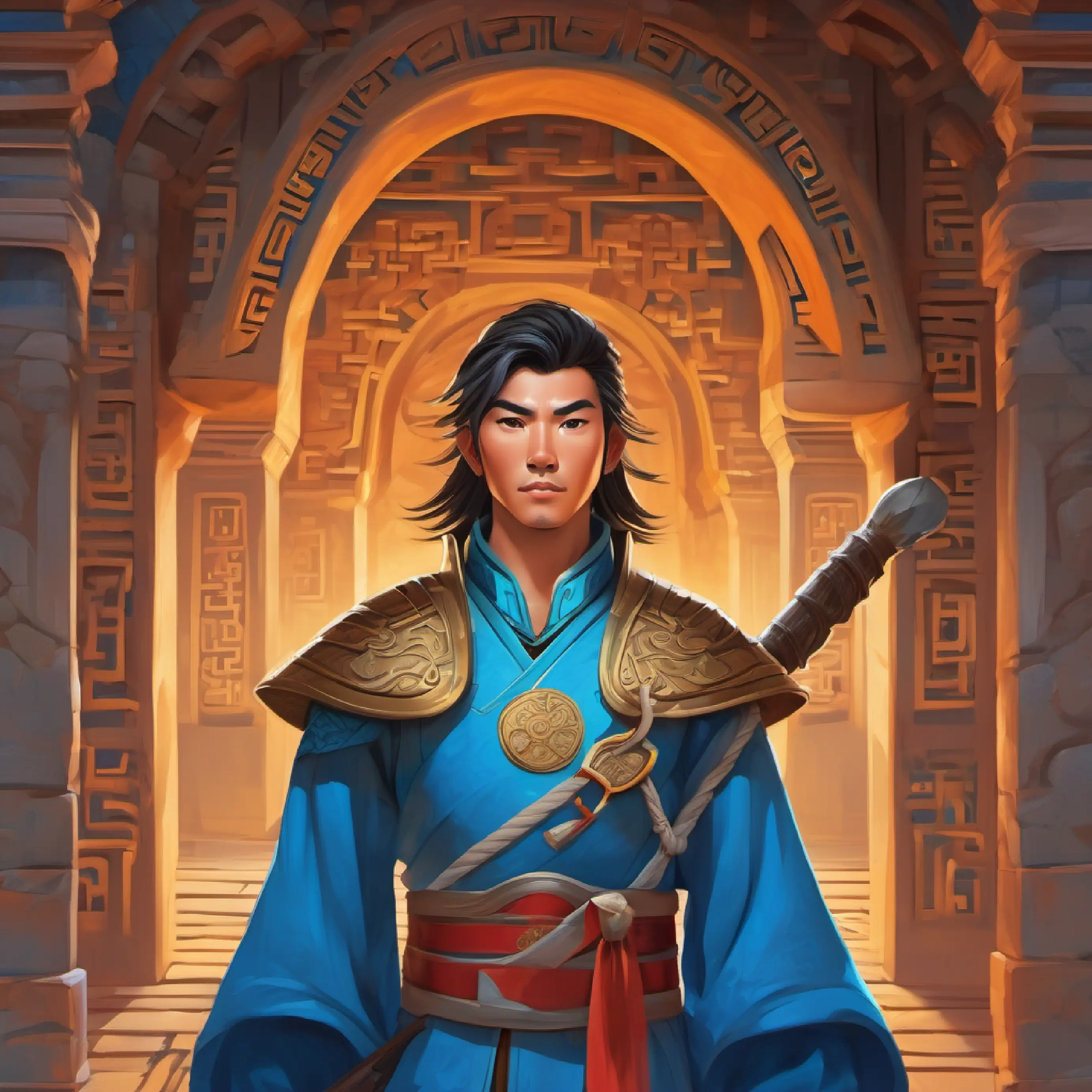 Introducing Brave 30 year old chinese warrior, tan skin, piercing blue eyes, setting of Anthosa, The chinese castle in anthosa was a labyrinth of secret passages and hidden chambers