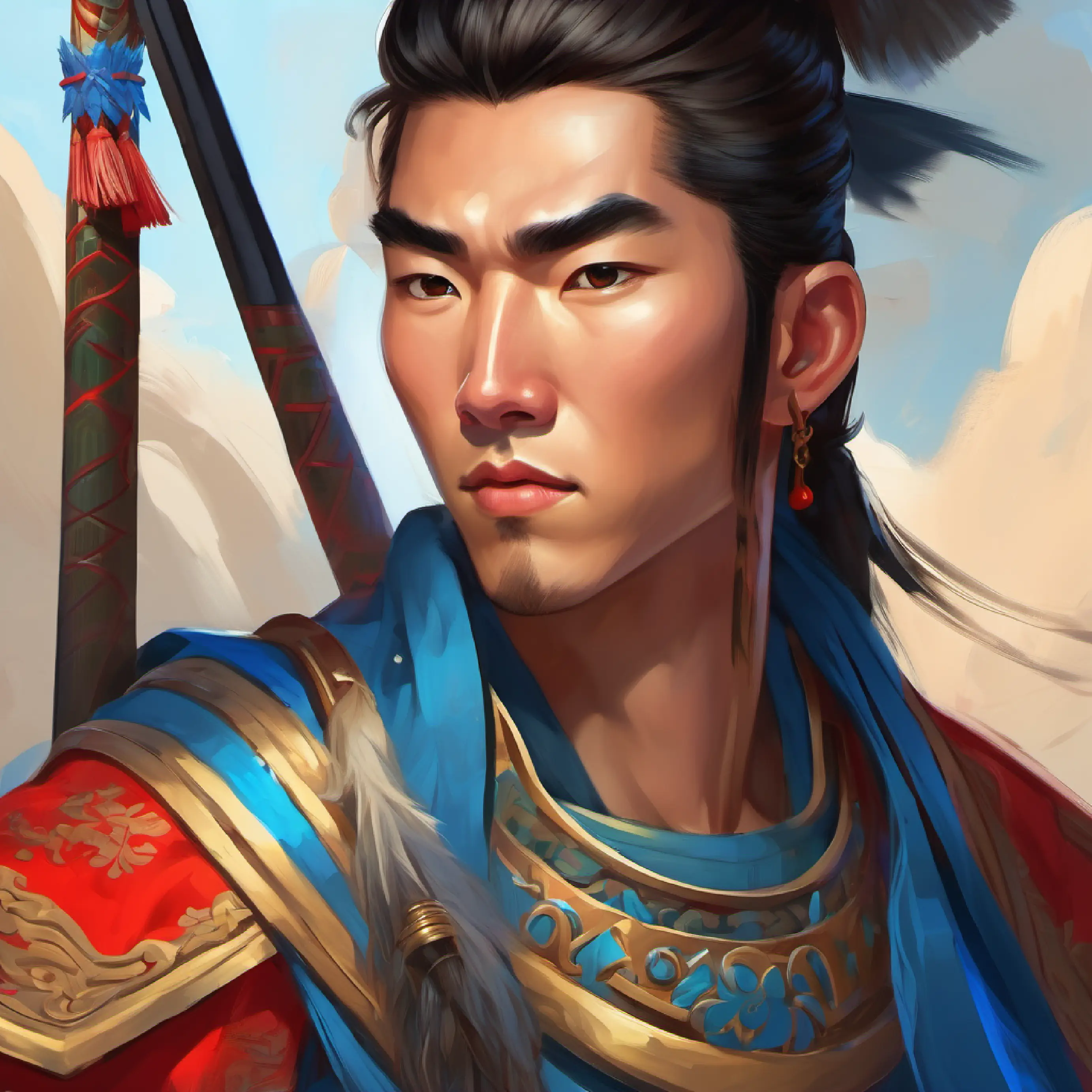 Introducing Brave 30 year old chinese warrior, tan skin, piercing blue eyes, setting of Anthosa, 