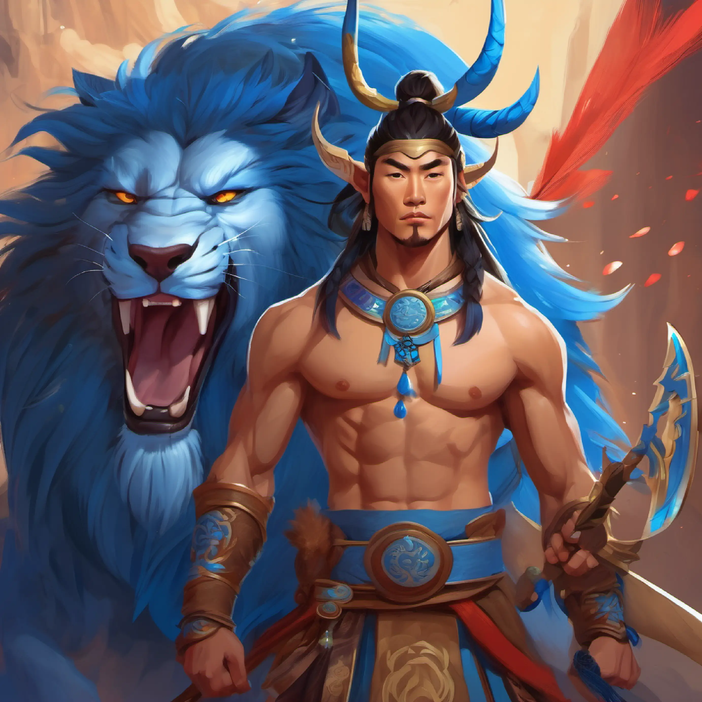 Introducing Brave 30 year old chinese warrior, tan skin, piercing blue eyes, setting of Anthosa, Avarian befriend 1 blue mean looking bai ze beast hint of the conflict