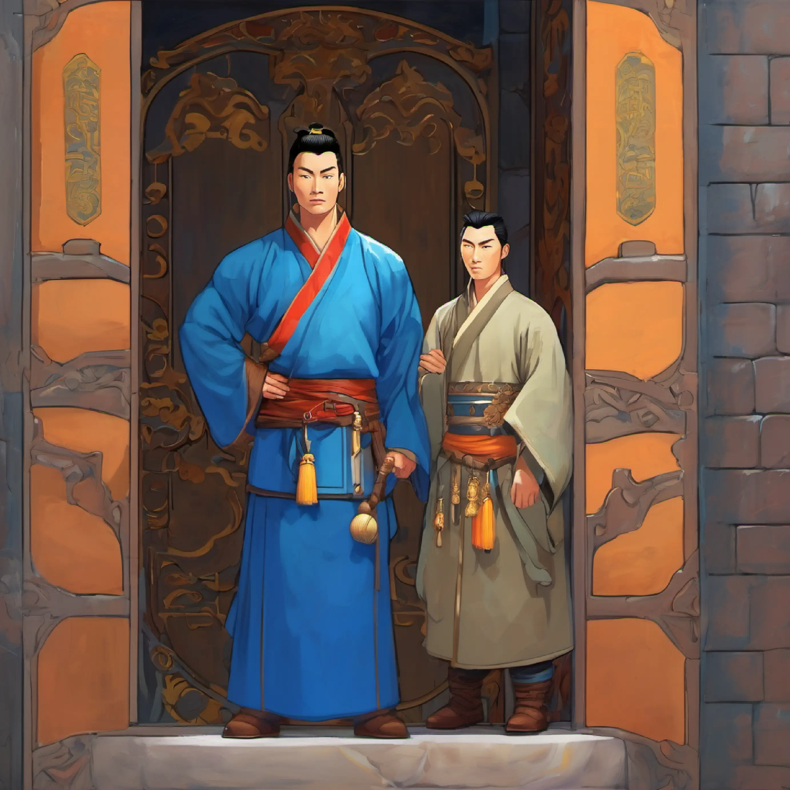 avarian a 30 year old chinese warrior, tan skin, piercing blue eyes, setting of Anthosa, showing 30 year old Avarian standing outside of his weak 70 year old king his father cell hugging his father after rescuing him from prison you can see the prison cess door in the background