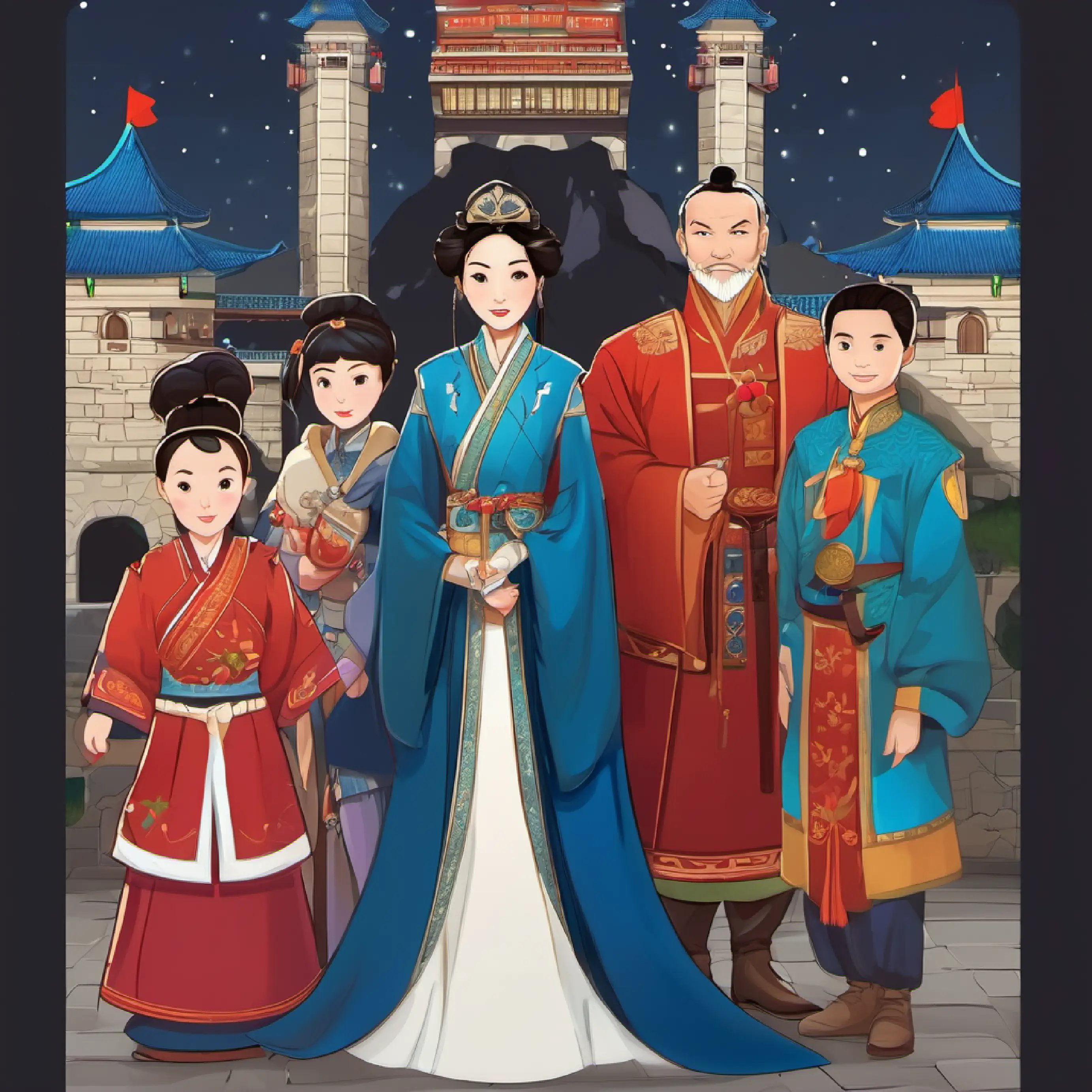 a family of 4 picture of four adults only no children or kids in the picture which includes a Brave 30 year old chinese warrior,  21 year old princess wife, parents 60 year old queen Mother,  70 year old king Father standing side by side in front of the castle tan skin, piercing blue eyes, setting of Anthosa, 