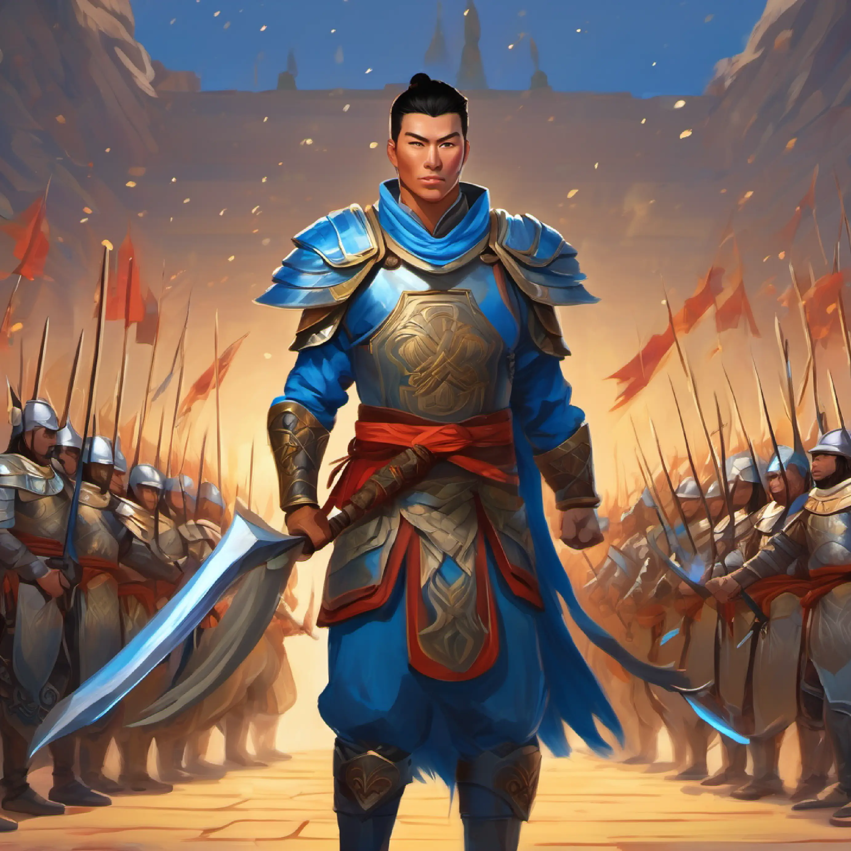 avarian 30 year old chinese warrior tan skin, piercing blue eyes, Avarian training his warriors standing lined up in formation to fight effectively to not waste energy for the battle city of Anthosa, after the battle