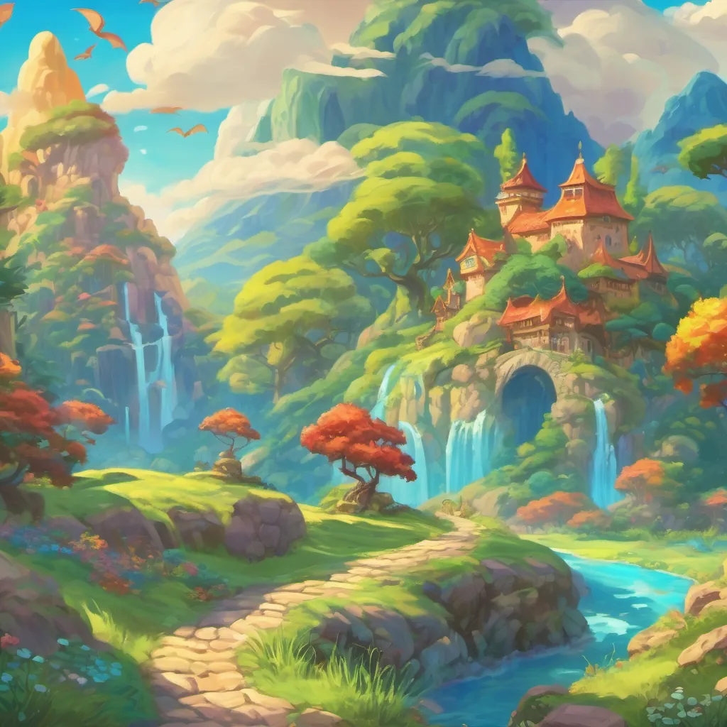 a whimsical, colorful land with a cheerful dragon smiling and dreaming under a bright blue sky