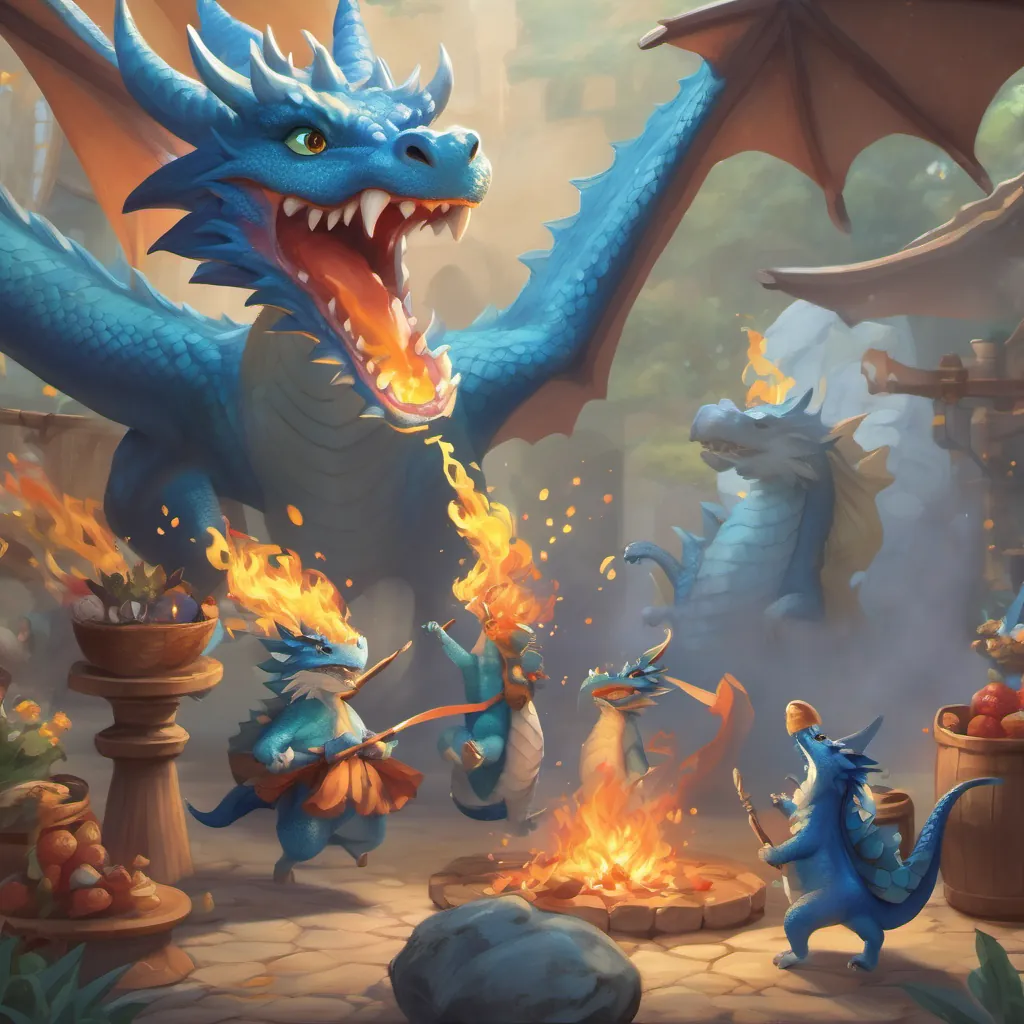 a joyful dragon party with dragons dancing and a small blue dragon with a hopeful expression, practicing his fire breath looking concerned without fire breath