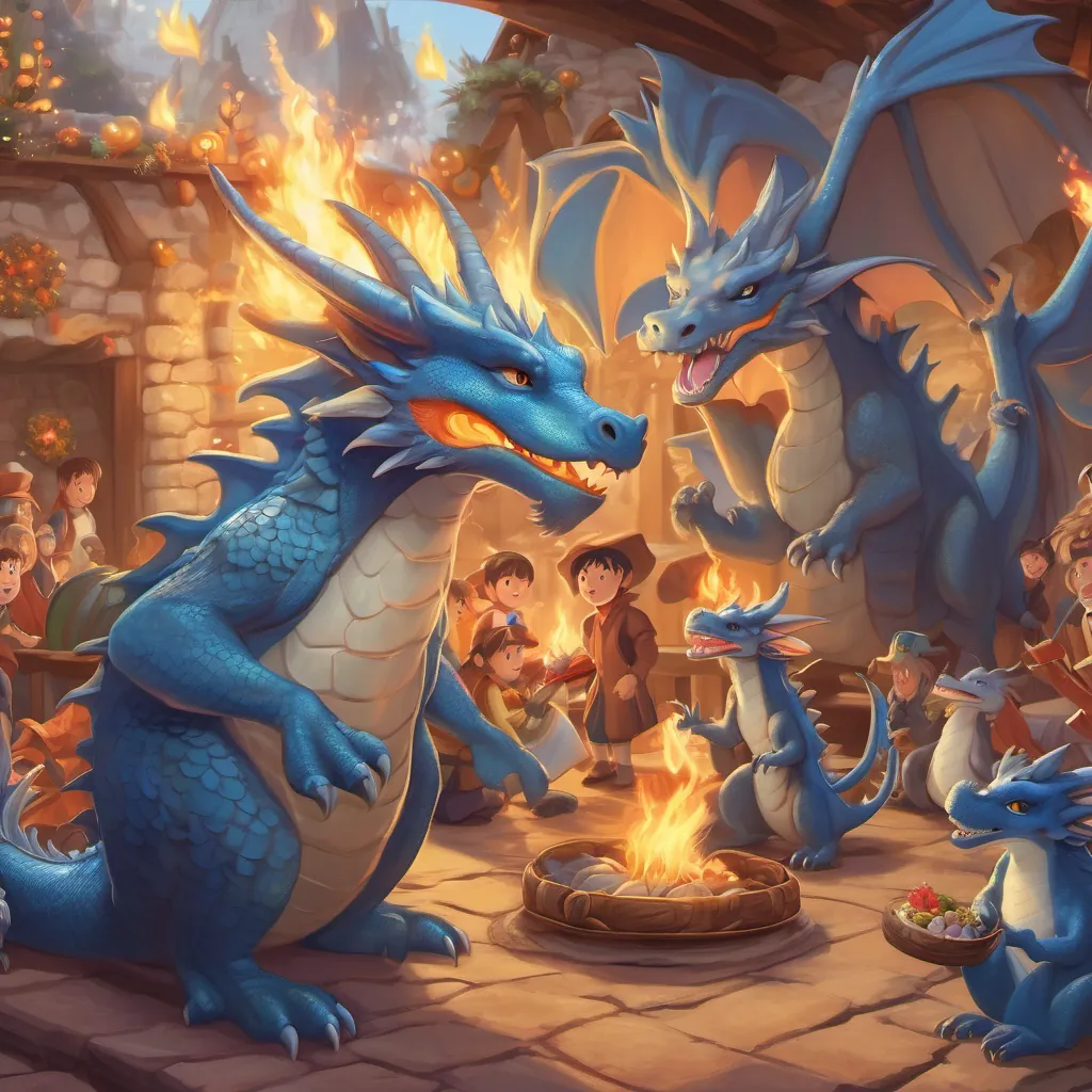 a festive dragon party where a small blue dragon with a hopeful expression, practicing his fire breath breathes a flame joyfully, other dragons cheering around