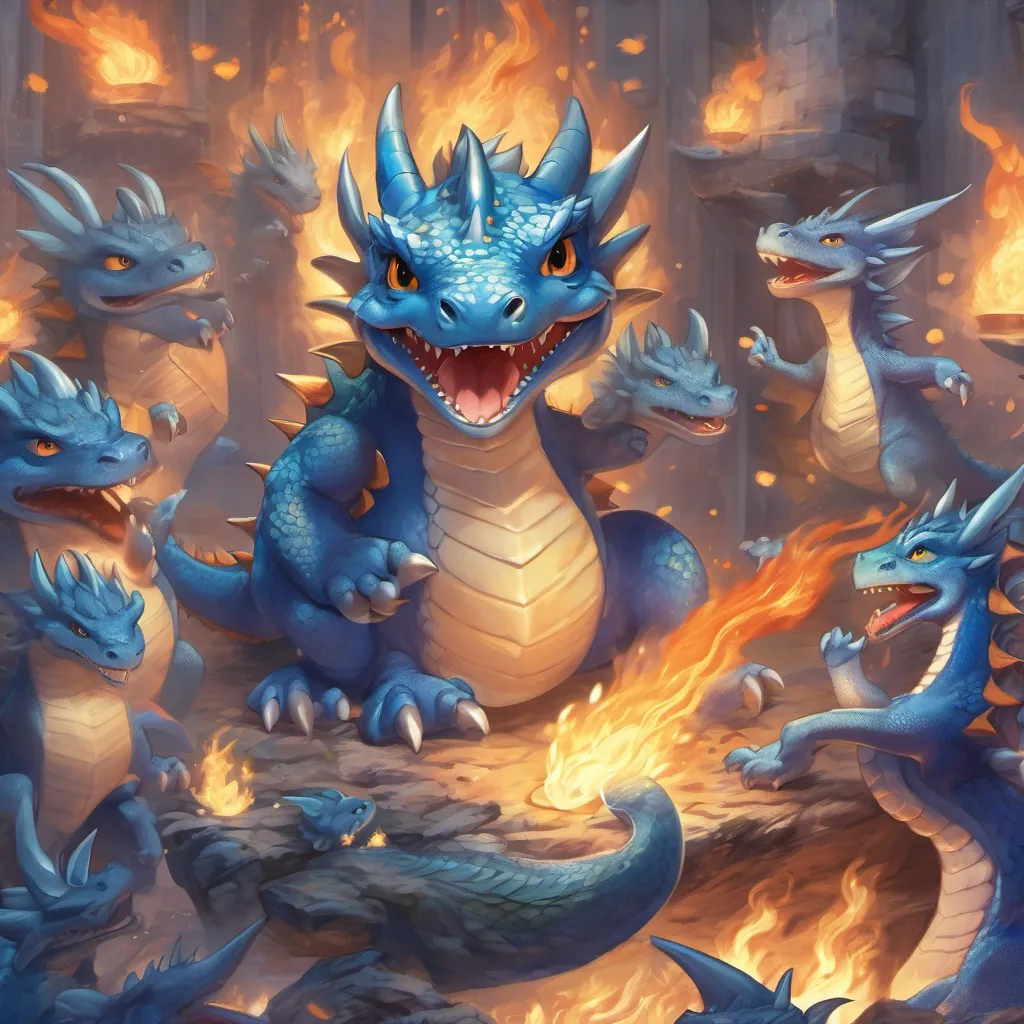 a small blue dragon with a hopeful expression, practicing his fire breath surrounded by friends, fire softly glowing, and everyone looking happy