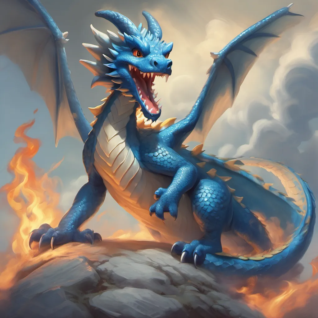 a small blue dragon with a hopeful expression, practicing his fire breath the dragon puffing out a small cloud, looking frustrated