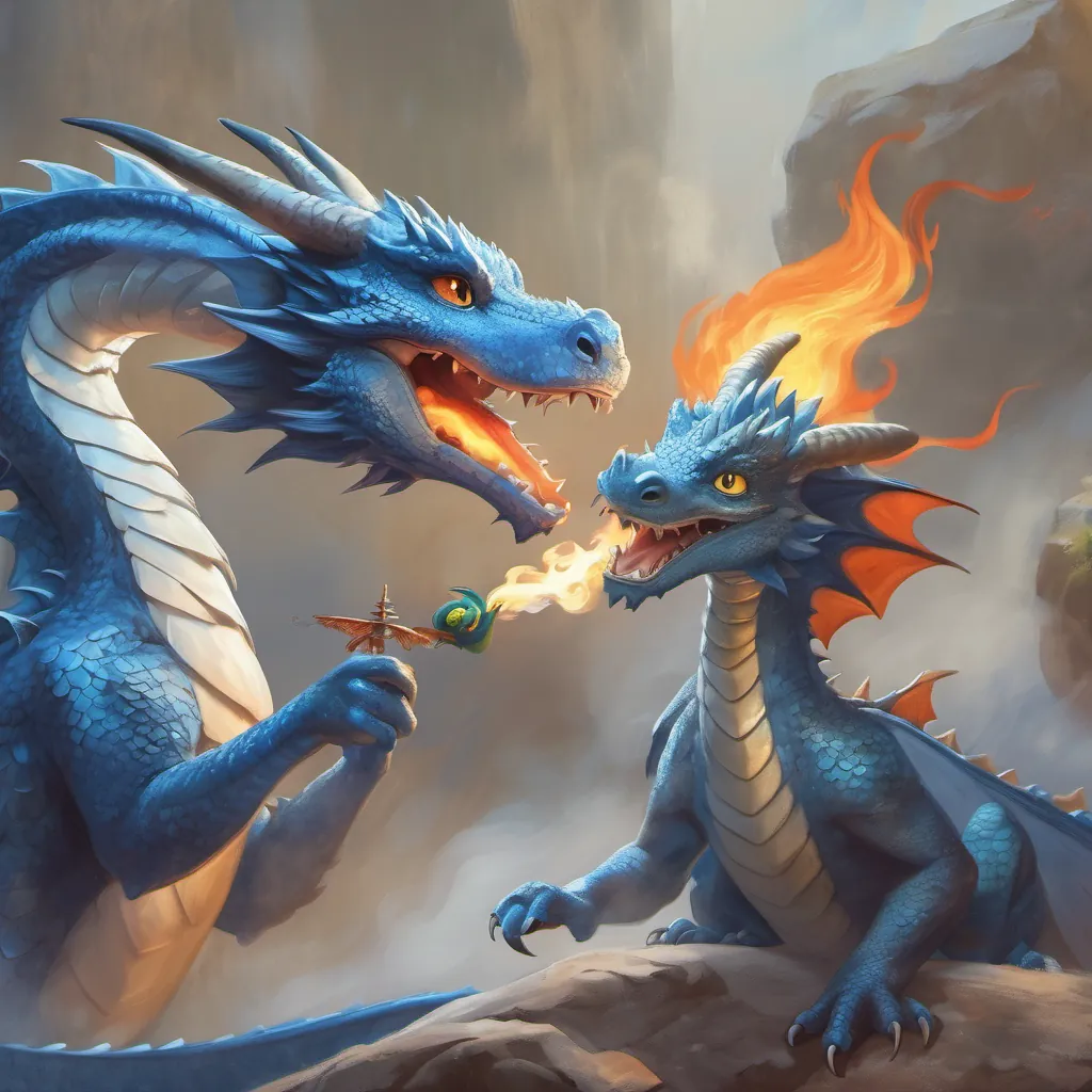 a small blue dragon with a hopeful expression, practicing his fire breath the dragon talking to another dragon, smoke coming out of his mouth