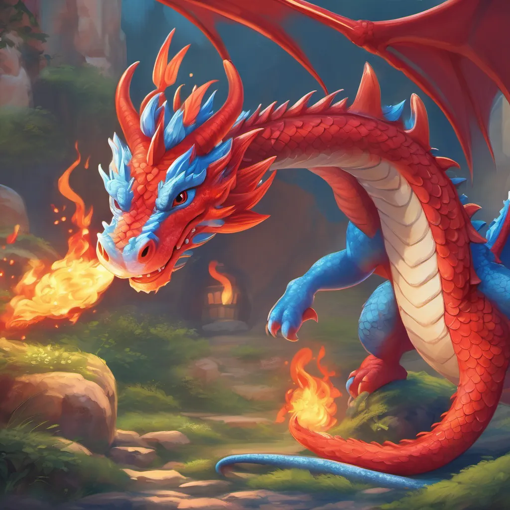 a friendly red dragon with a comforting and encouraging smile the red dragon smiling warmly at a small blue dragon with a hopeful expression, practicing his fire breath