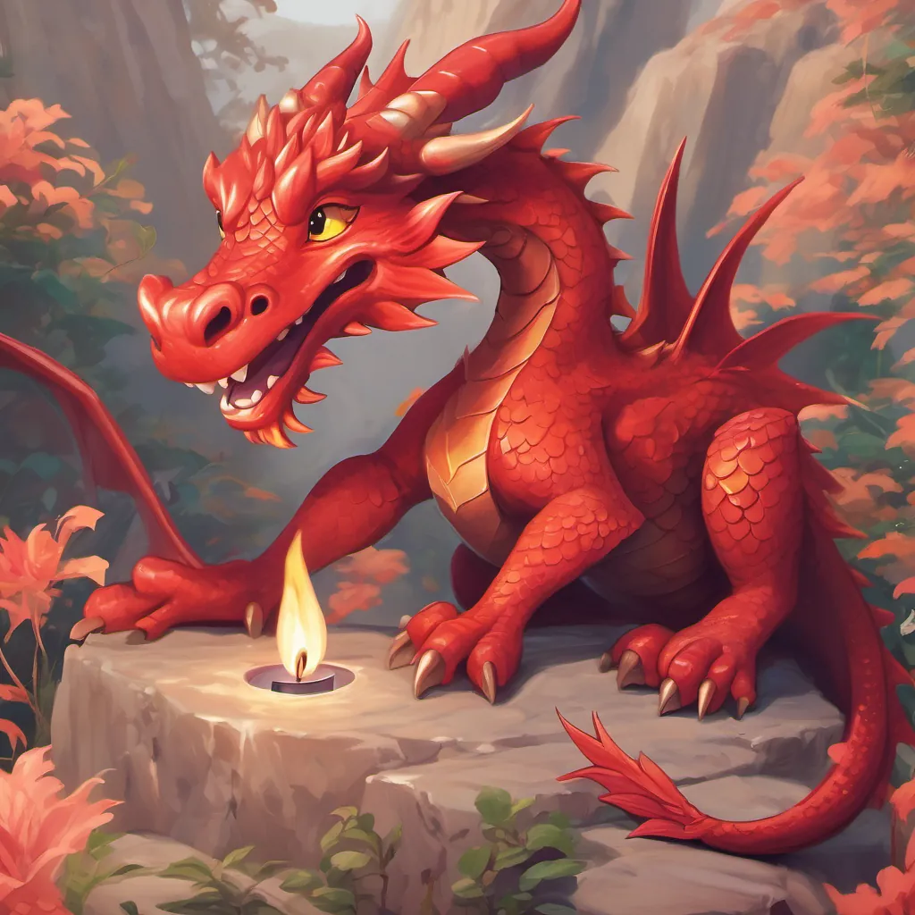 a friendly red dragon with a comforting and encouraging smile demonstrating whispering a small flame, like lighting a candle