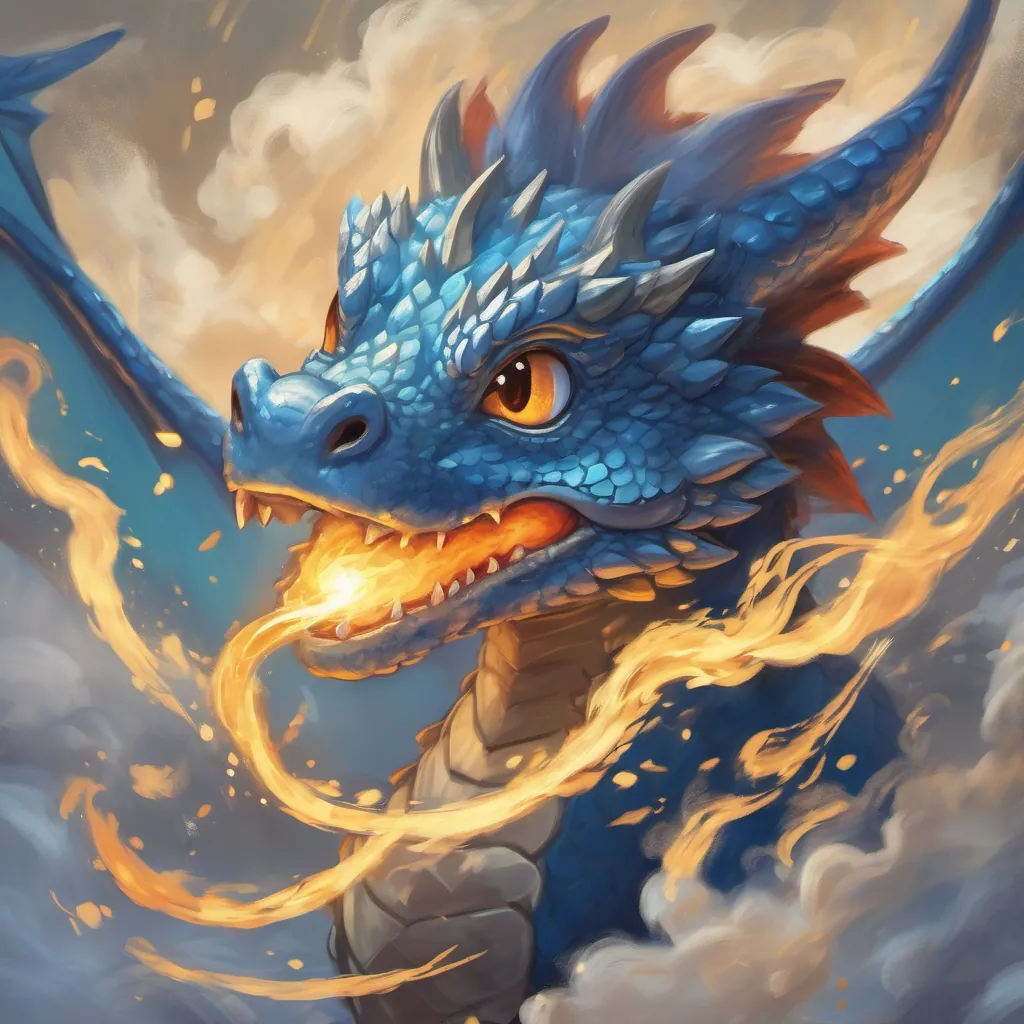 a small blue dragon with a hopeful expression, practicing his fire breath blinking in surprise as a tiny spark comes out of his mouth