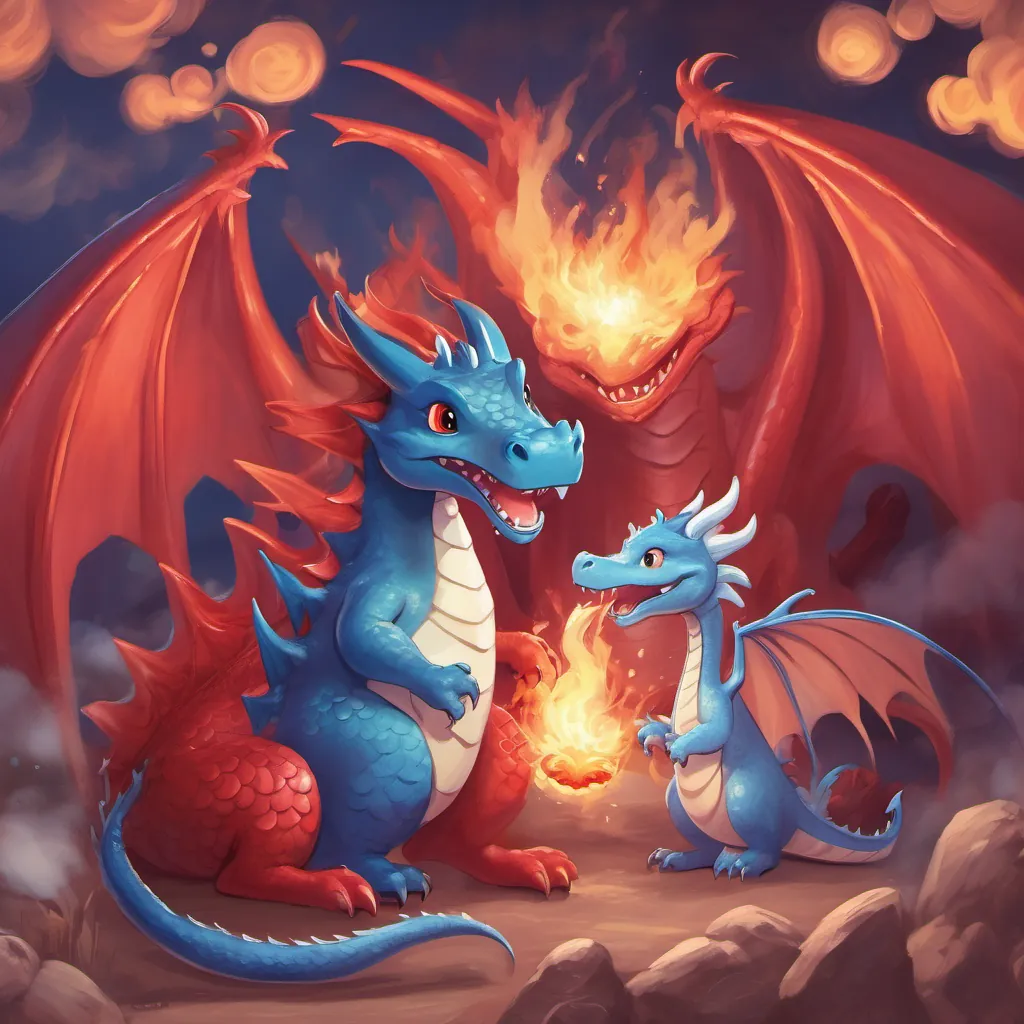 a friendly red dragon with a comforting and encouraging smile encouraging a small blue dragon with a hopeful expression, practicing his fire breath, who looks encouraged and determined