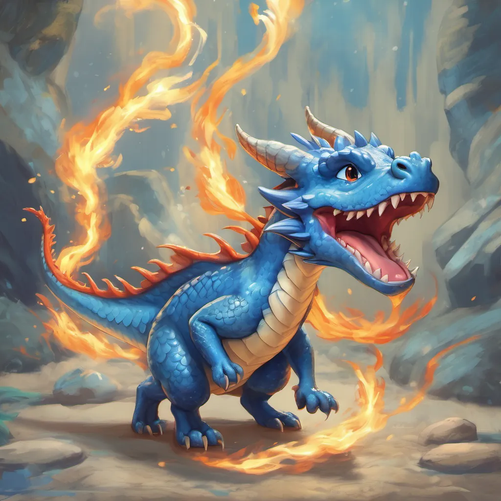 a small blue dragon with a hopeful expression, practicing his fire breath practicing his fire breath with determined expressions, small sparks growing