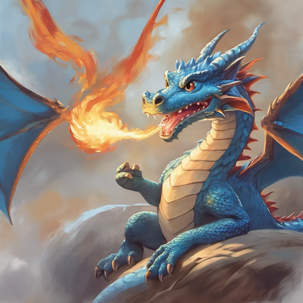 a small blue dragon with a hopeful expression, practicing his fire breath with a small yet distinct flame coming from his mouth, looking excited