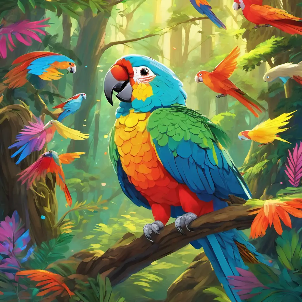 The story starts in a magical forest filled with colorful birds. Wise parrot, colorful feathers, and bright, twinkling eyes the parrot, wise and able to talk to animals, notices the missing feathers on a sunny morning.