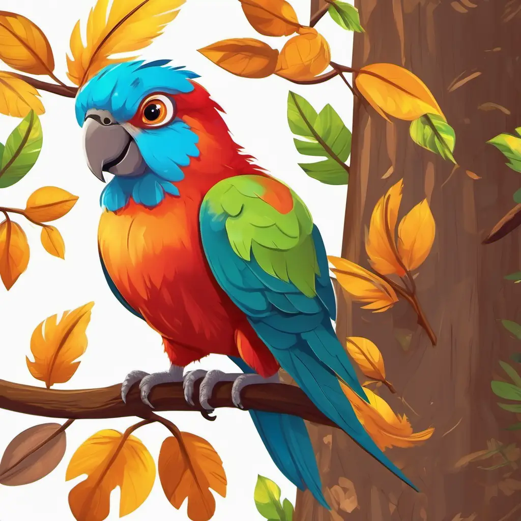 Wise parrot, colorful feathers, and bright, twinkling eyes and Small sparrow with brown feathers and big, curious eyes search for clues, encounter a squirrel named Mischievous squirrel with bushy, brown fur and shiny, mischievous eyes, who confesses to using the feathers for his nest. Wise parrot, colorful feathers, and bright, twinkling eyes convinces Mischievous squirrel with bushy, brown fur and shiny, mischievous eyes to return the feathers, and they make a deal.