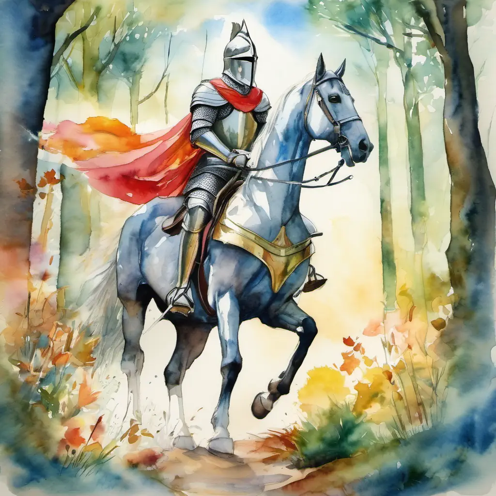 A picture of Brave knight with shiny armor and a tall helmet riding on his horse through a colorful forest.