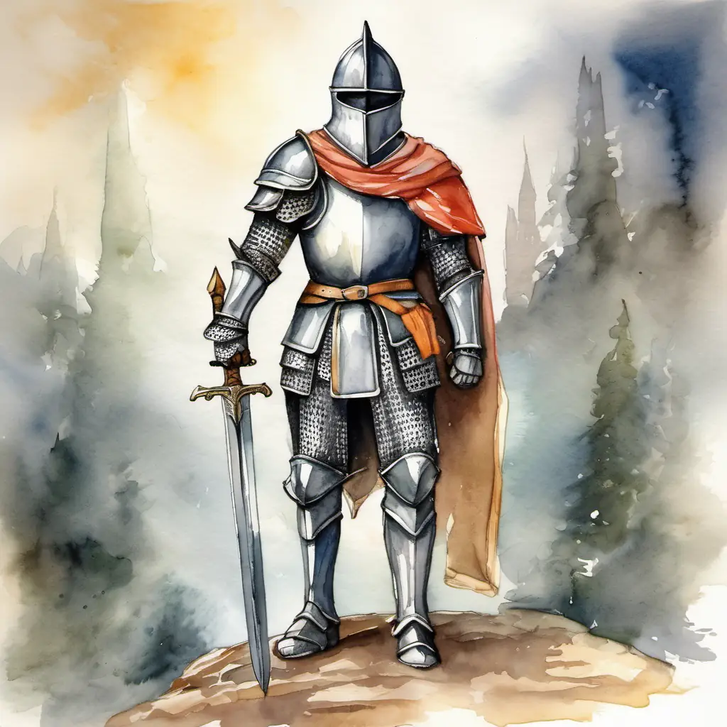 A picture of Brave knight with shiny armor and a tall helmet standing tall with his sword, ready to help others.