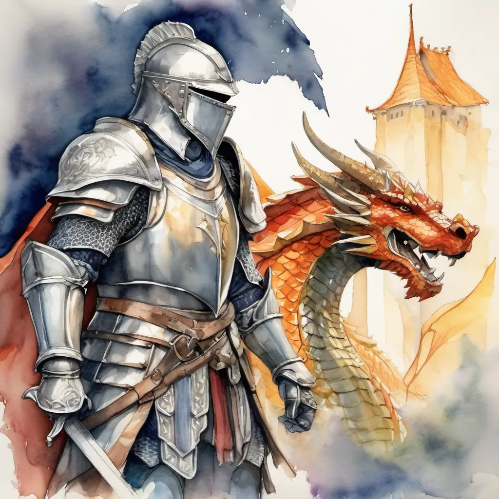 A picture of Brave knight with shiny armor and a tall helmet and the dragon, smiling and holding hands.