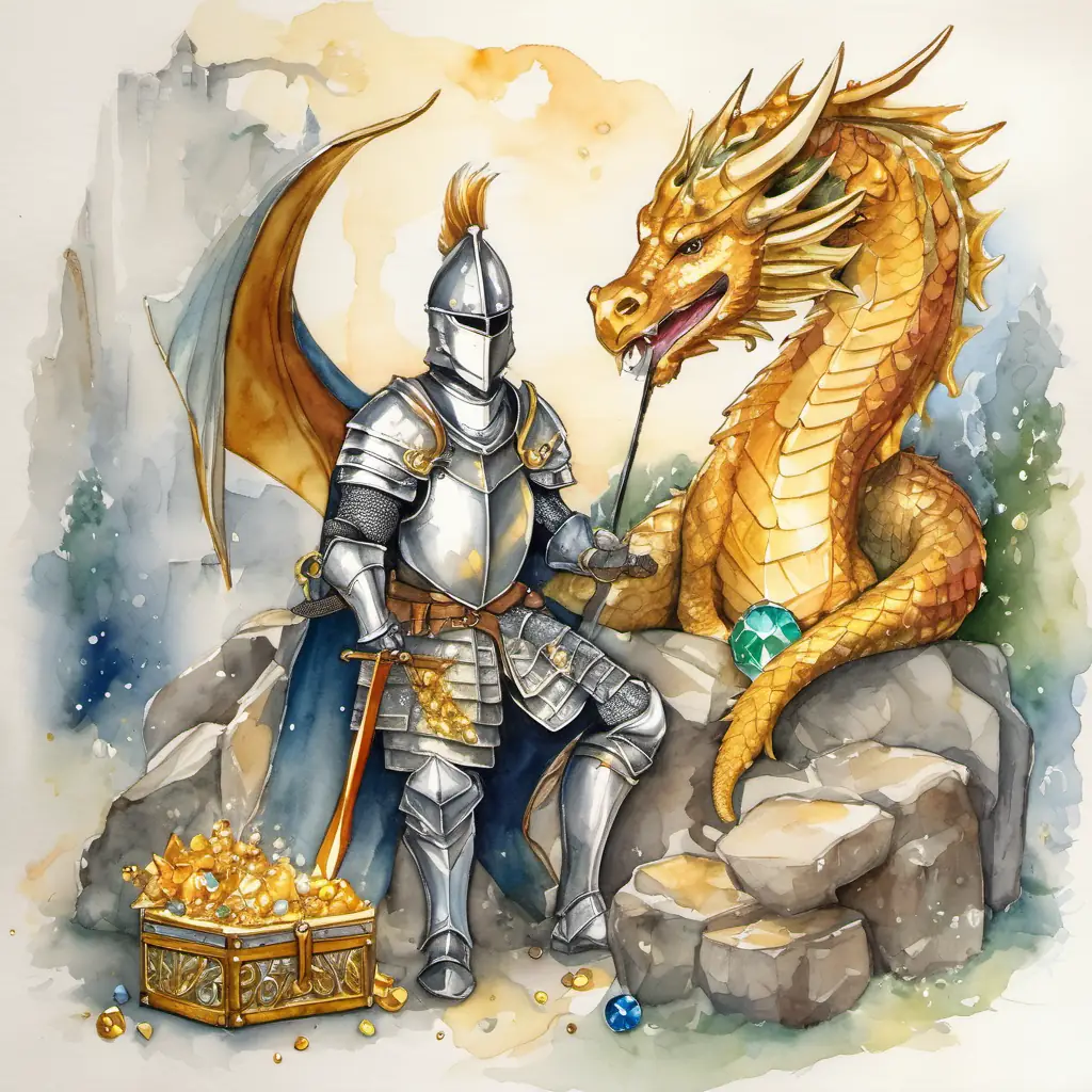 A picture of Brave knight with shiny armor and a tall helmet and the dragon opening a treasure chest with sparkling gold and gems.